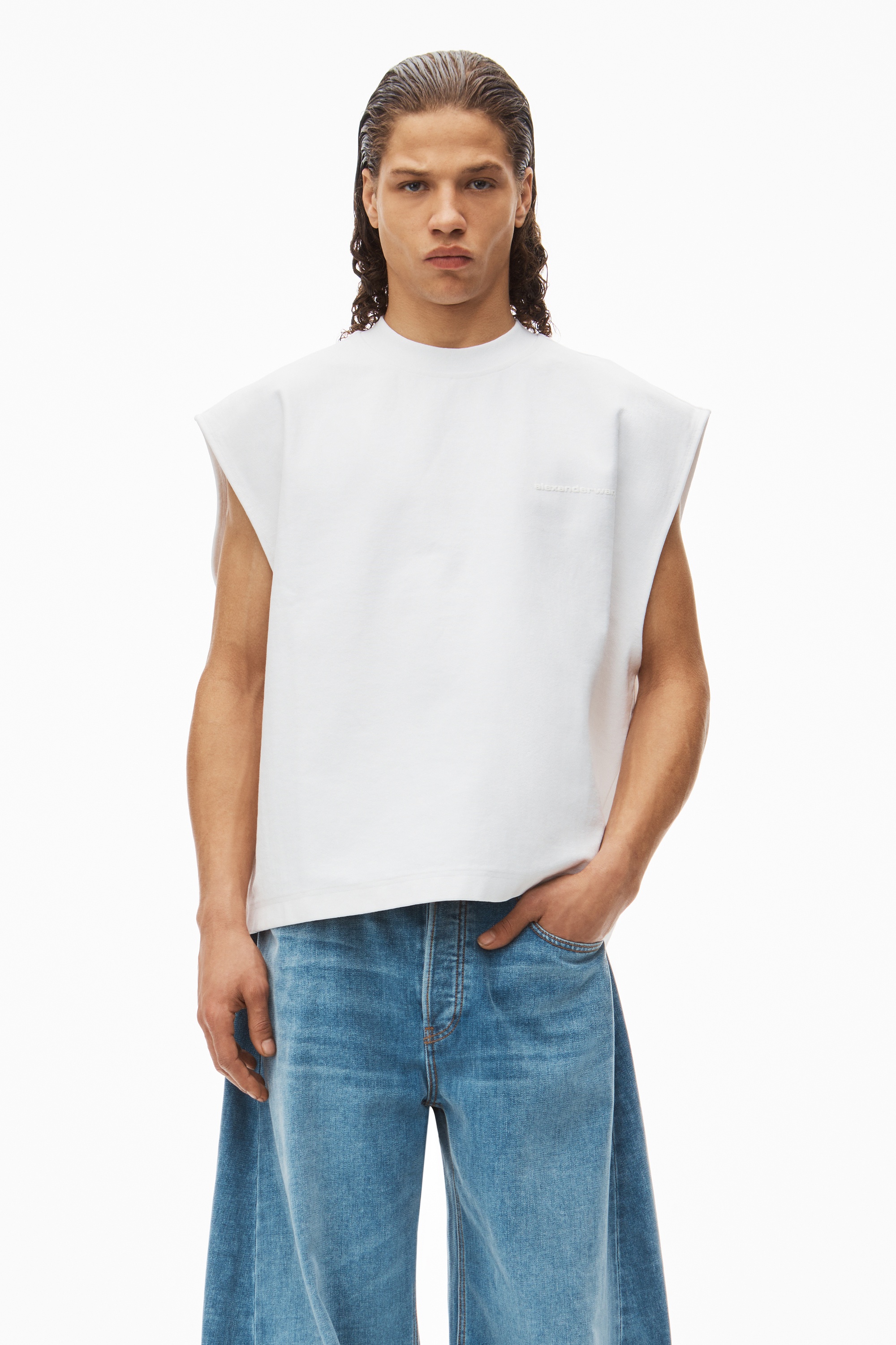 puffed logo muscle tank top in cotton - 2