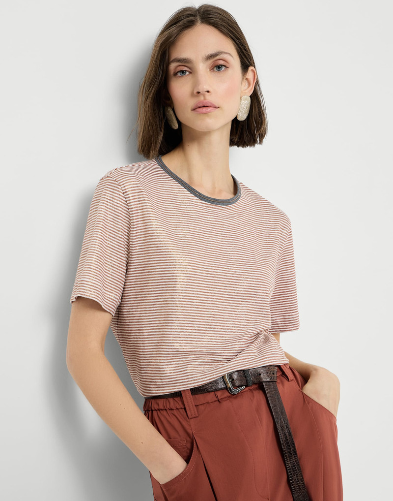 Striped linen lamé jersey T-shirt with shiny trim 5