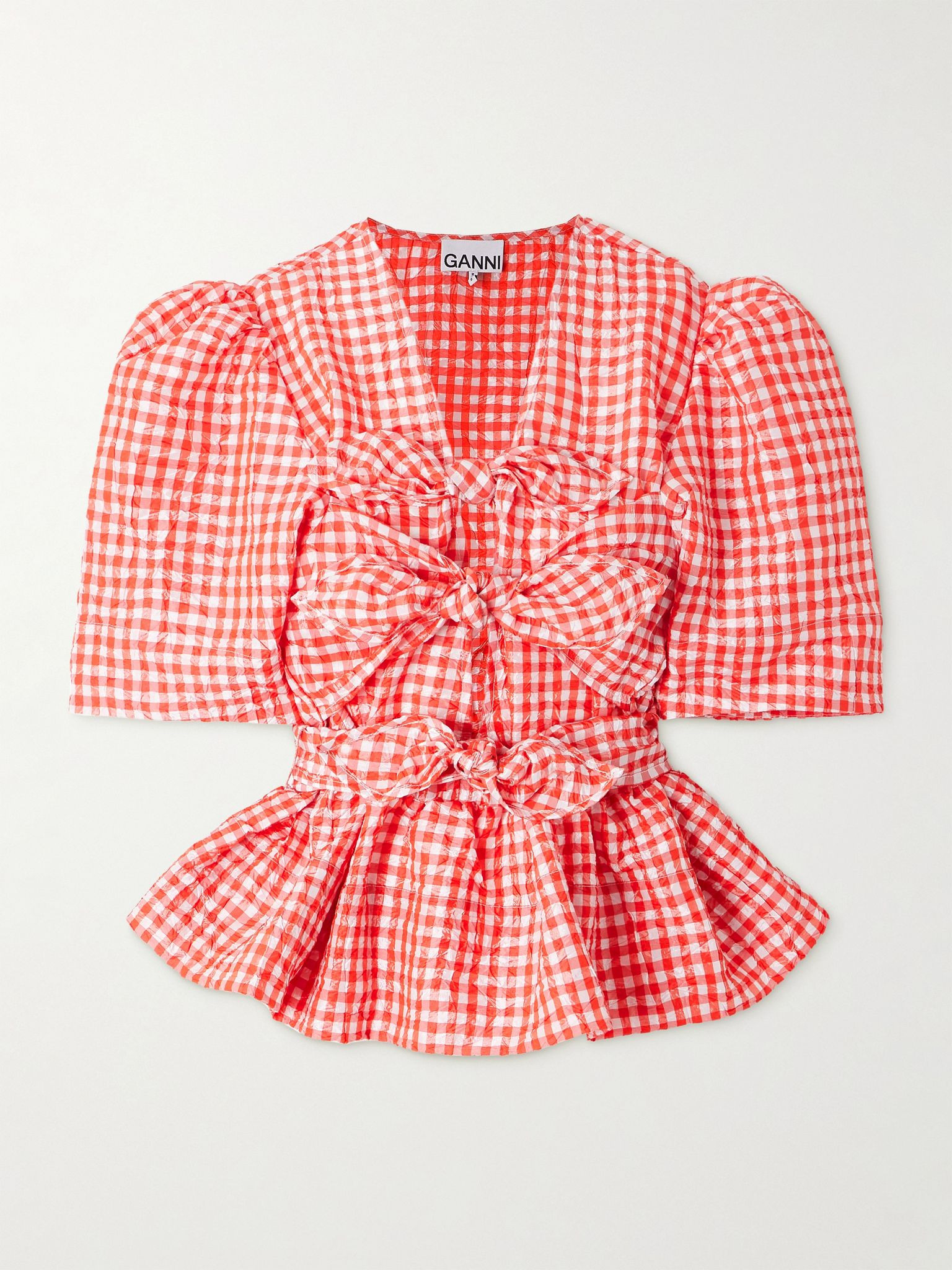 Bow-detailed gingham crinkled-taffeta peplum blouse Red - 1