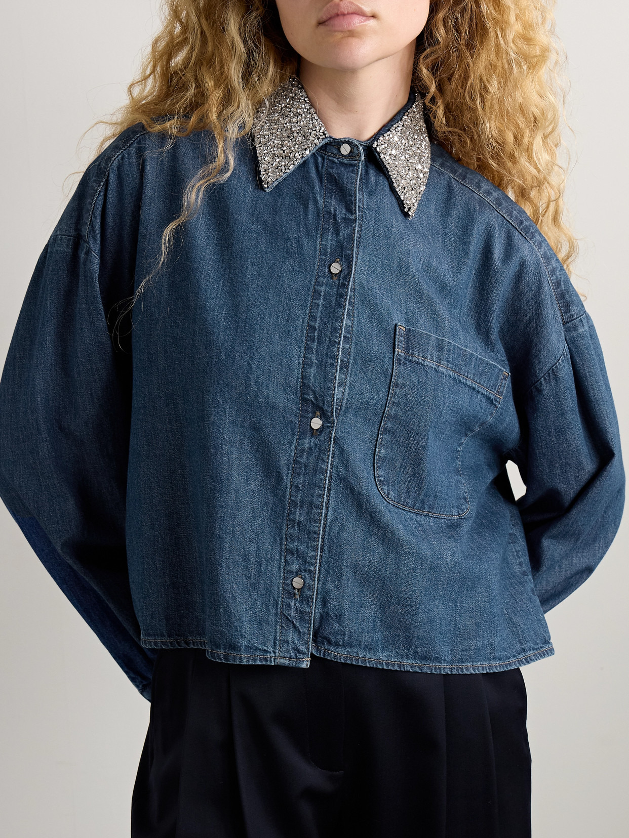 My Ex's Denim Cropped Crystal-embellished Denim Shirt - 4