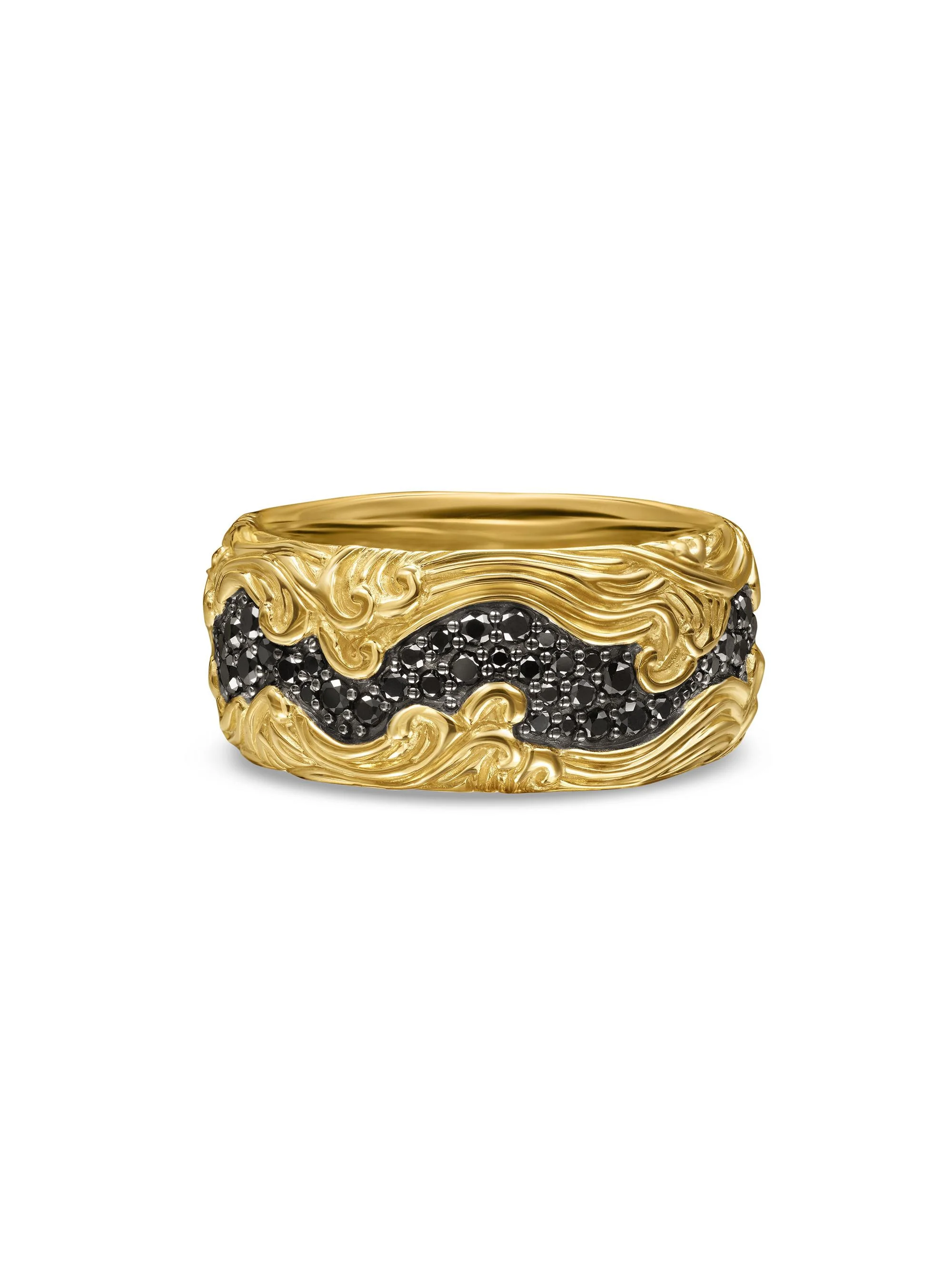 Men's Waves Band Ring in 18K Yellow Gold - Black Diamond - 1