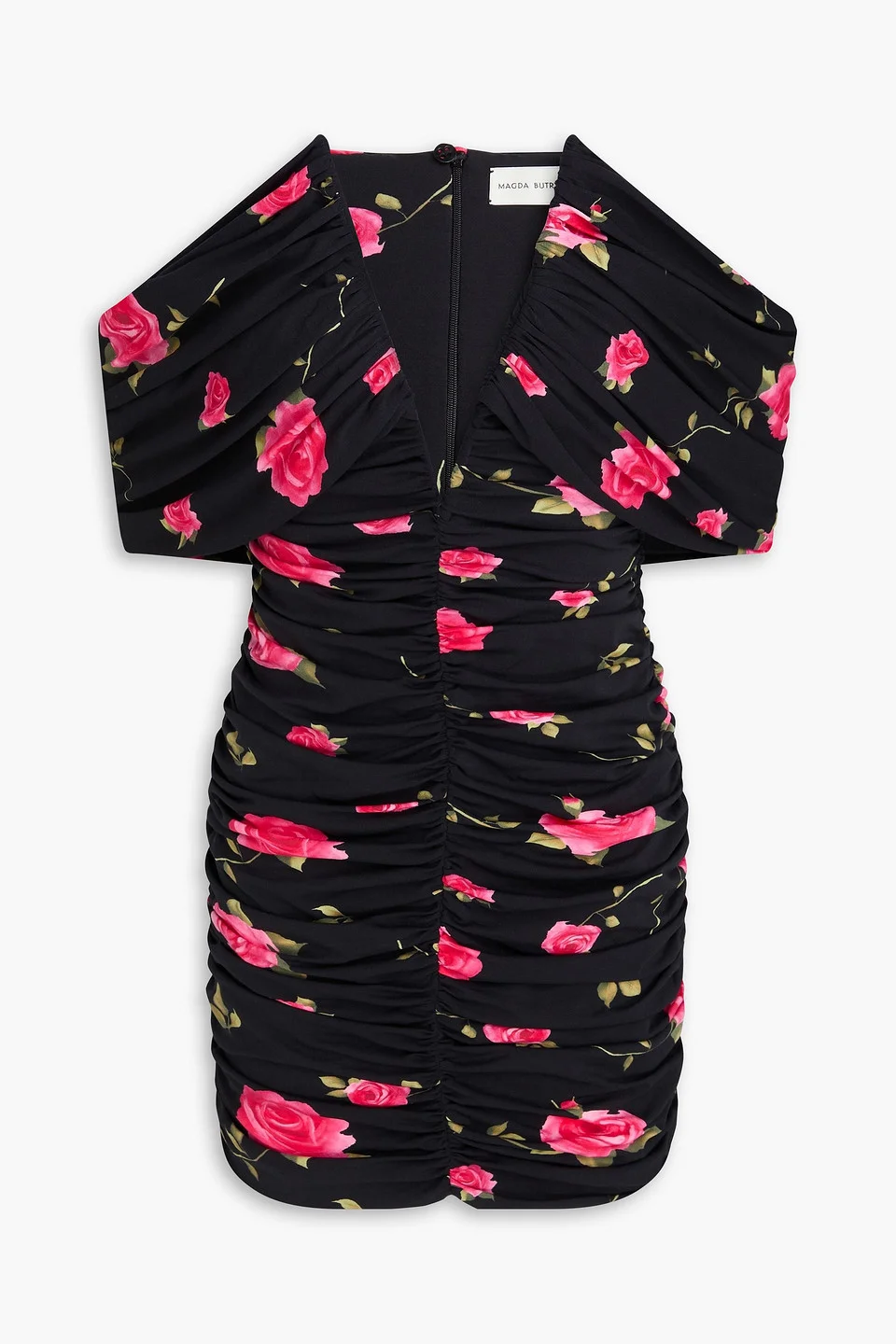 Off-the-shoulder ruched floral-print stretch-jersey mini dress - 1