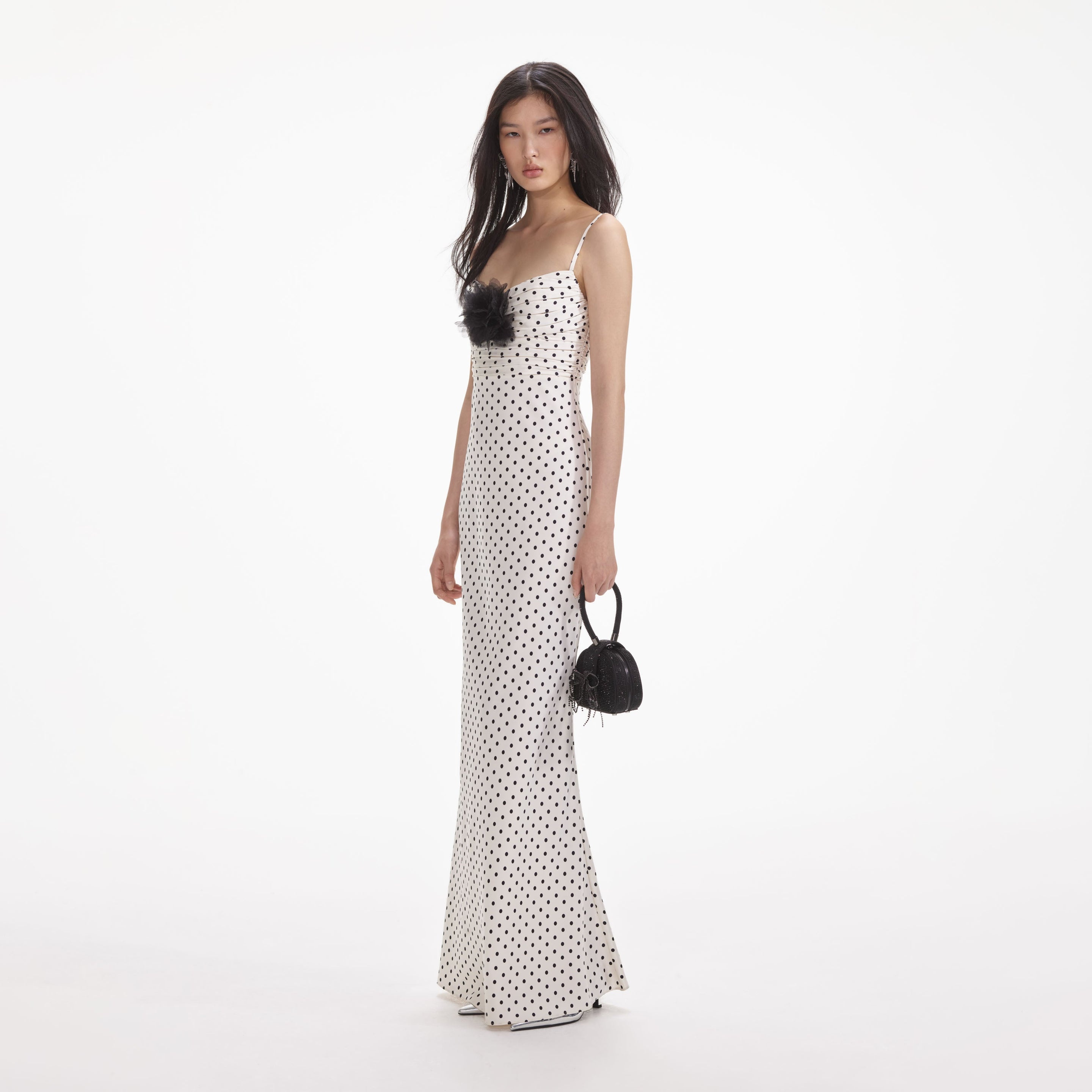 Cream Polka Dot Satin Maxi Dress - 2