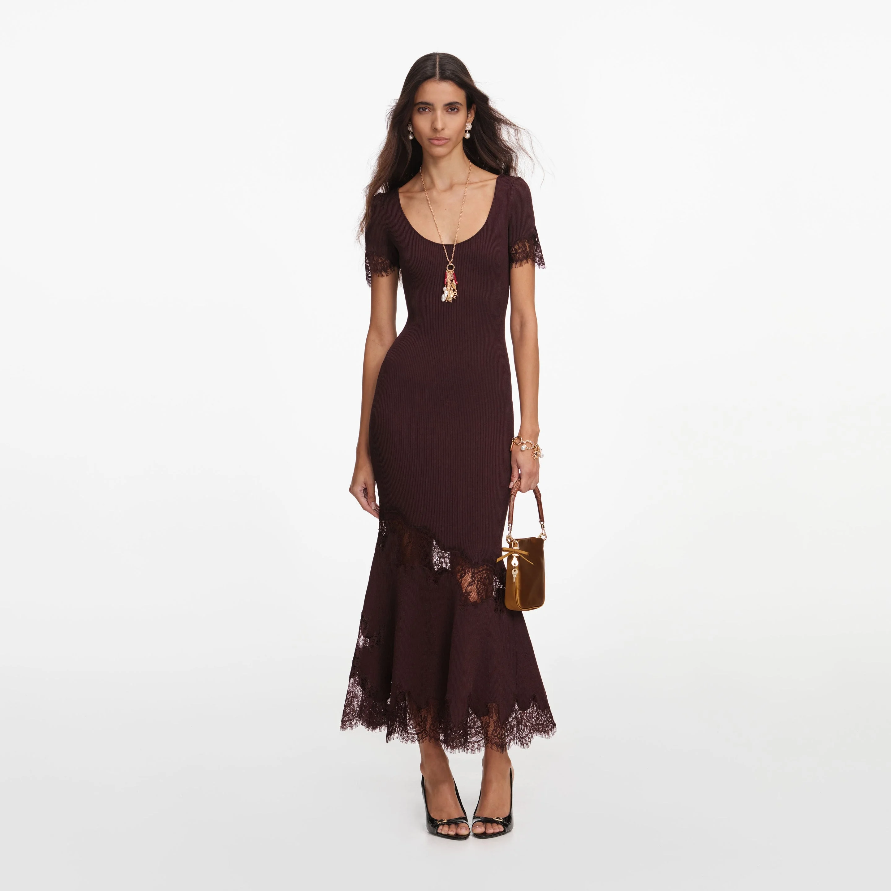 Brown Ribbed Knit Midi Dress - 1