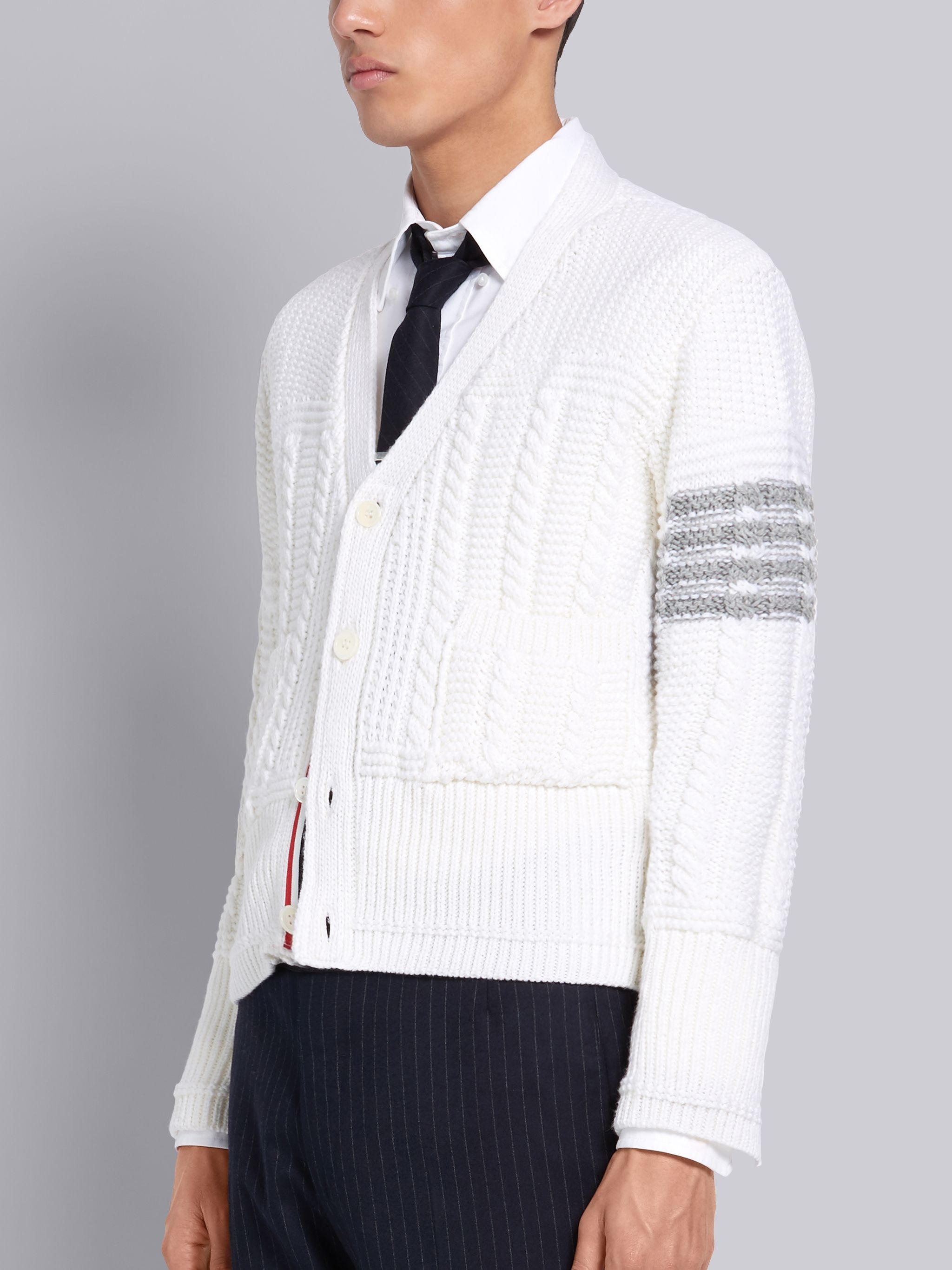 White Fine Merino Wool Aran Cable V-neck 4-Bar Cardigan - 3