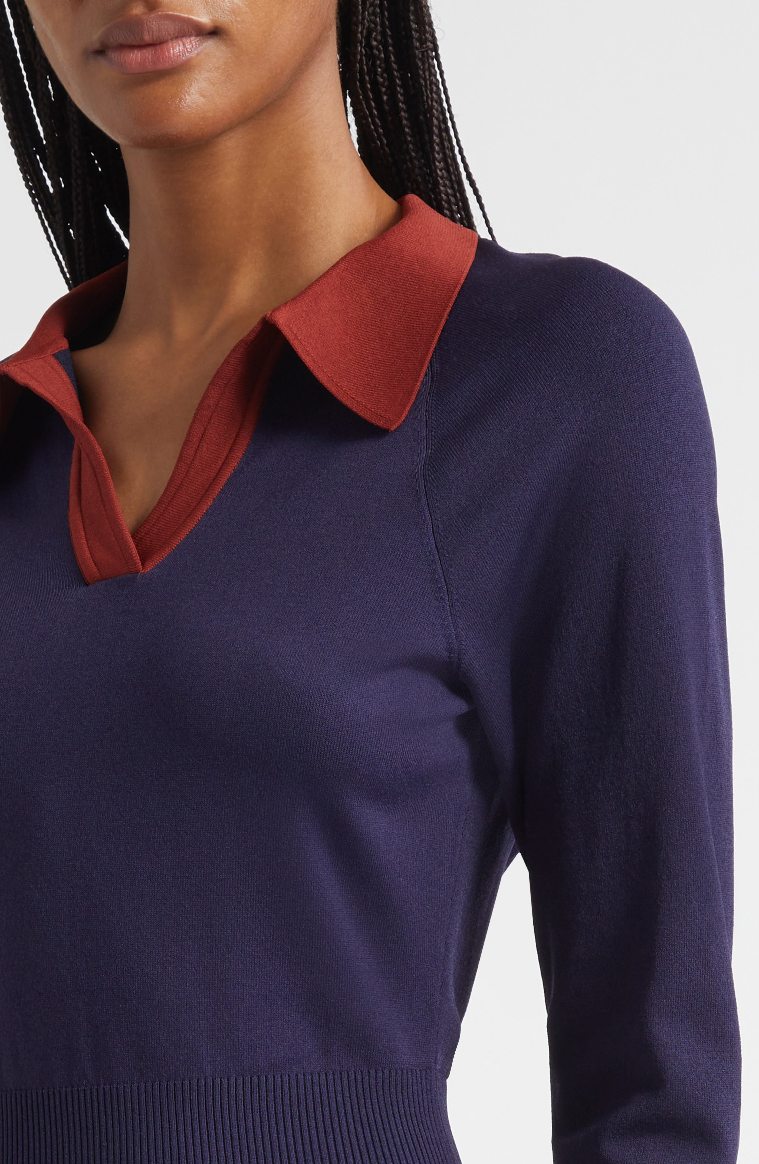 STAUD Gene Long Sleeve Polo Sweater Dress in Navy/Sangria at Nordstrom - 4