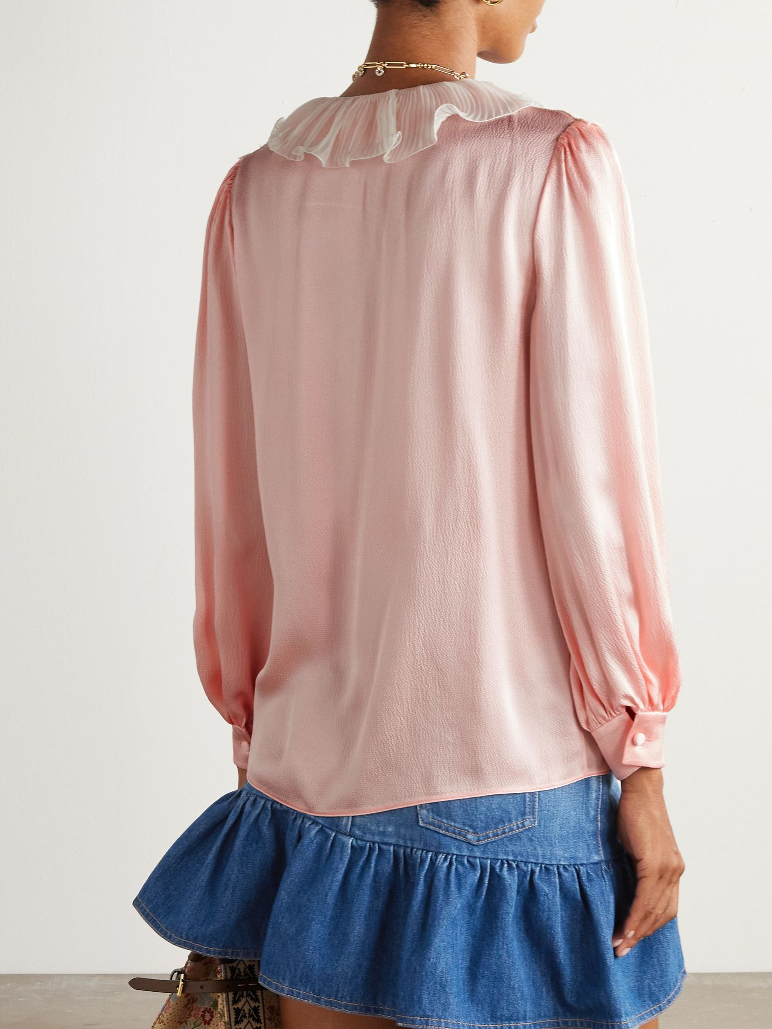 Lace and plissé chiffon-trimmed silk-crepe blouse Pink - 4