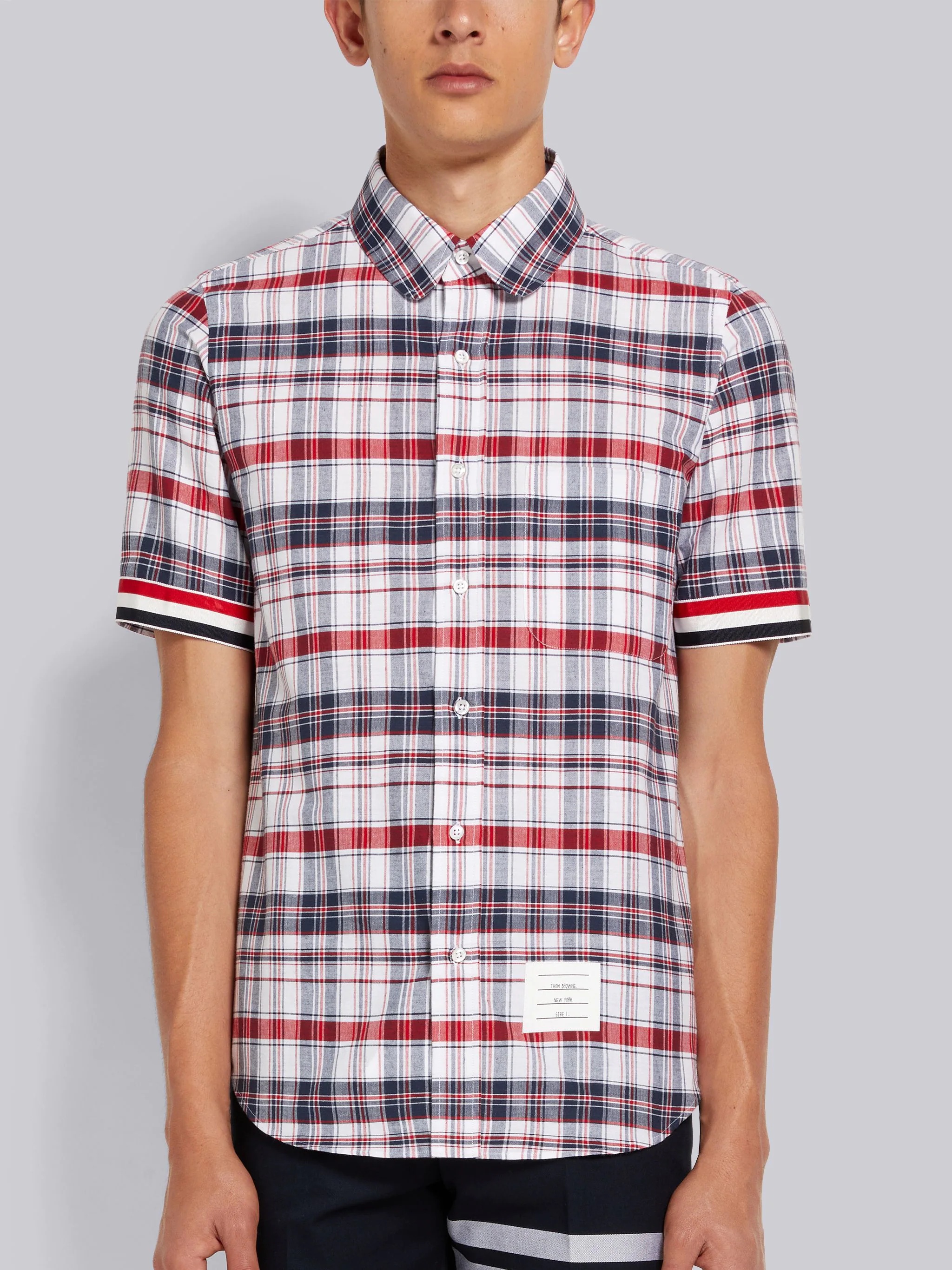 Multicolor Stripe Plaid Stripe Cuff Straight Fit Round Collar Short Sleeve Shirt - 3
