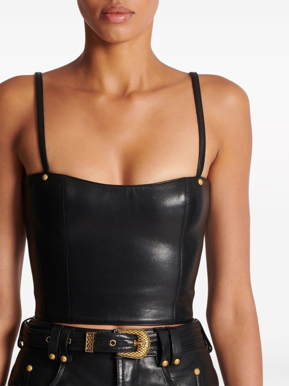 Lion-head rivets leather crop top - 5