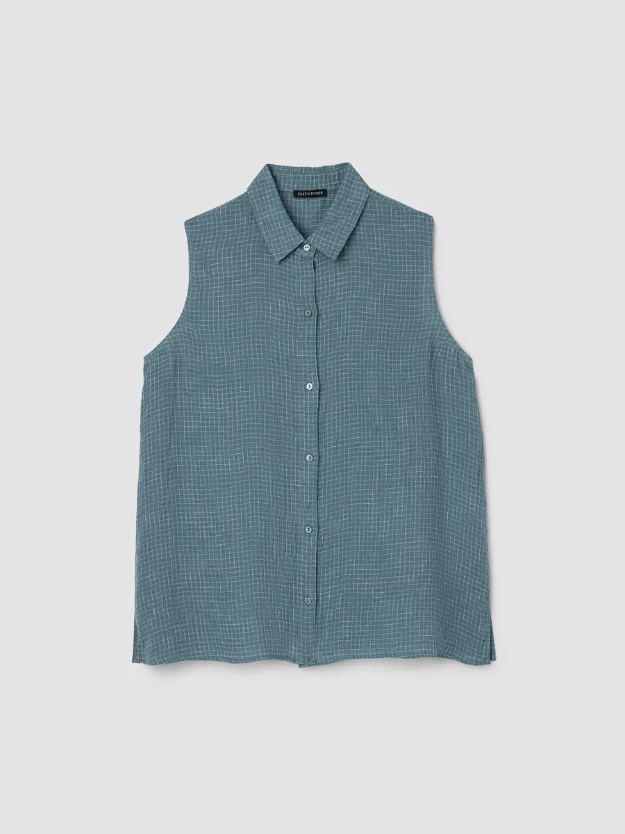 Puckered Organic Linen Grid Sleeveless Shirt - 1