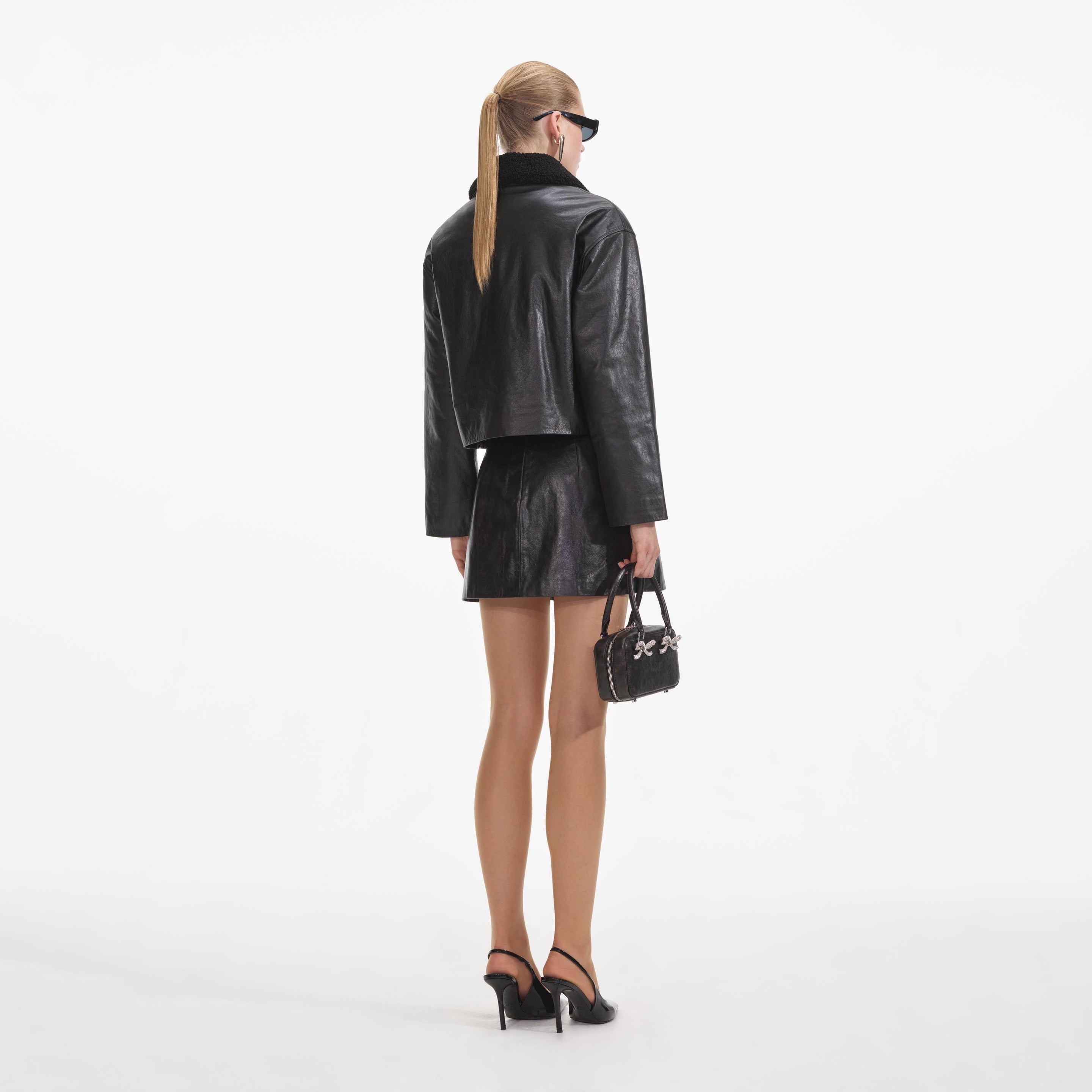 Black Leather Shearling Jacket - 3