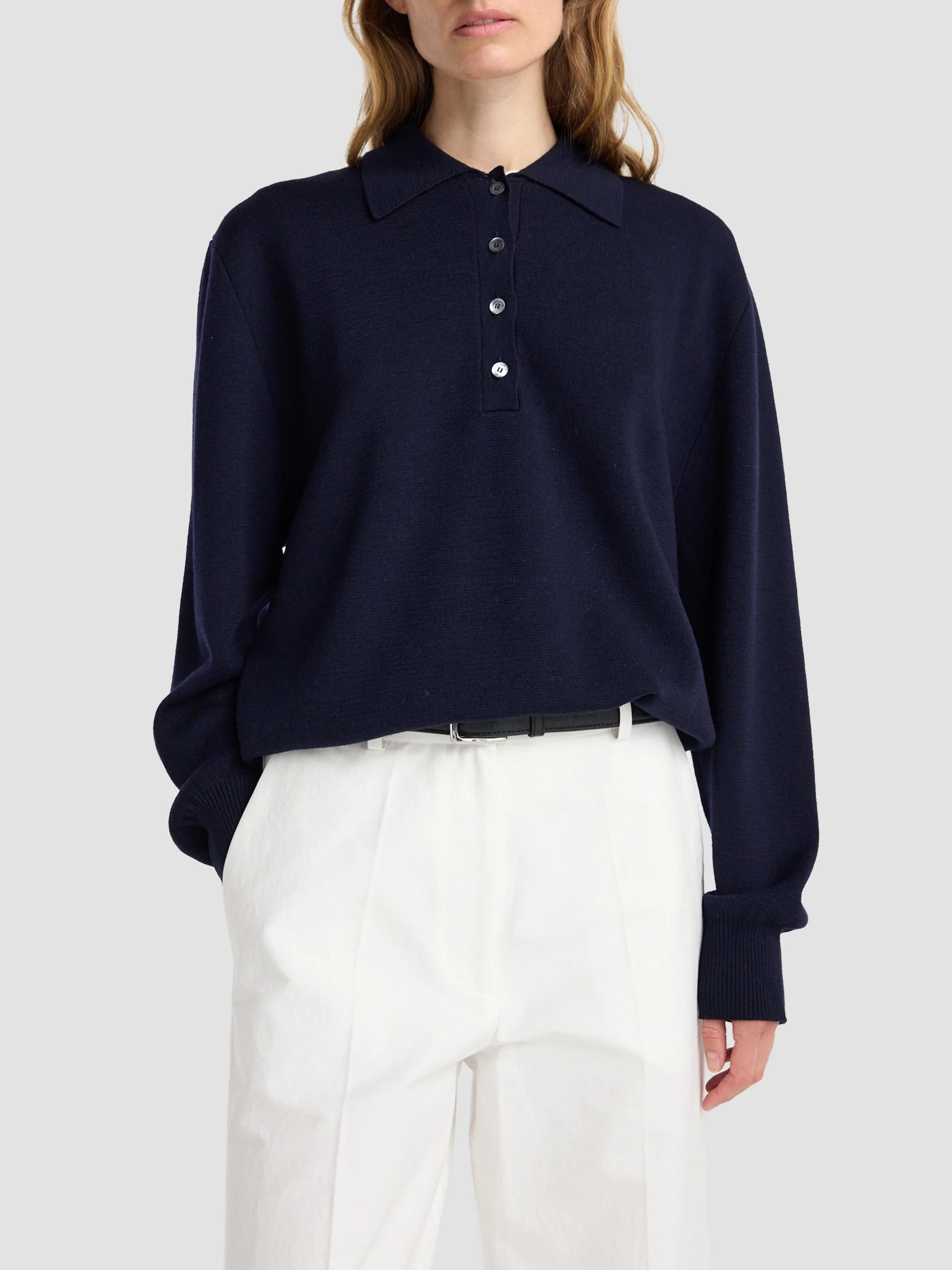 Women's Wool-Blend Polo Sweater - Anthracite - 1