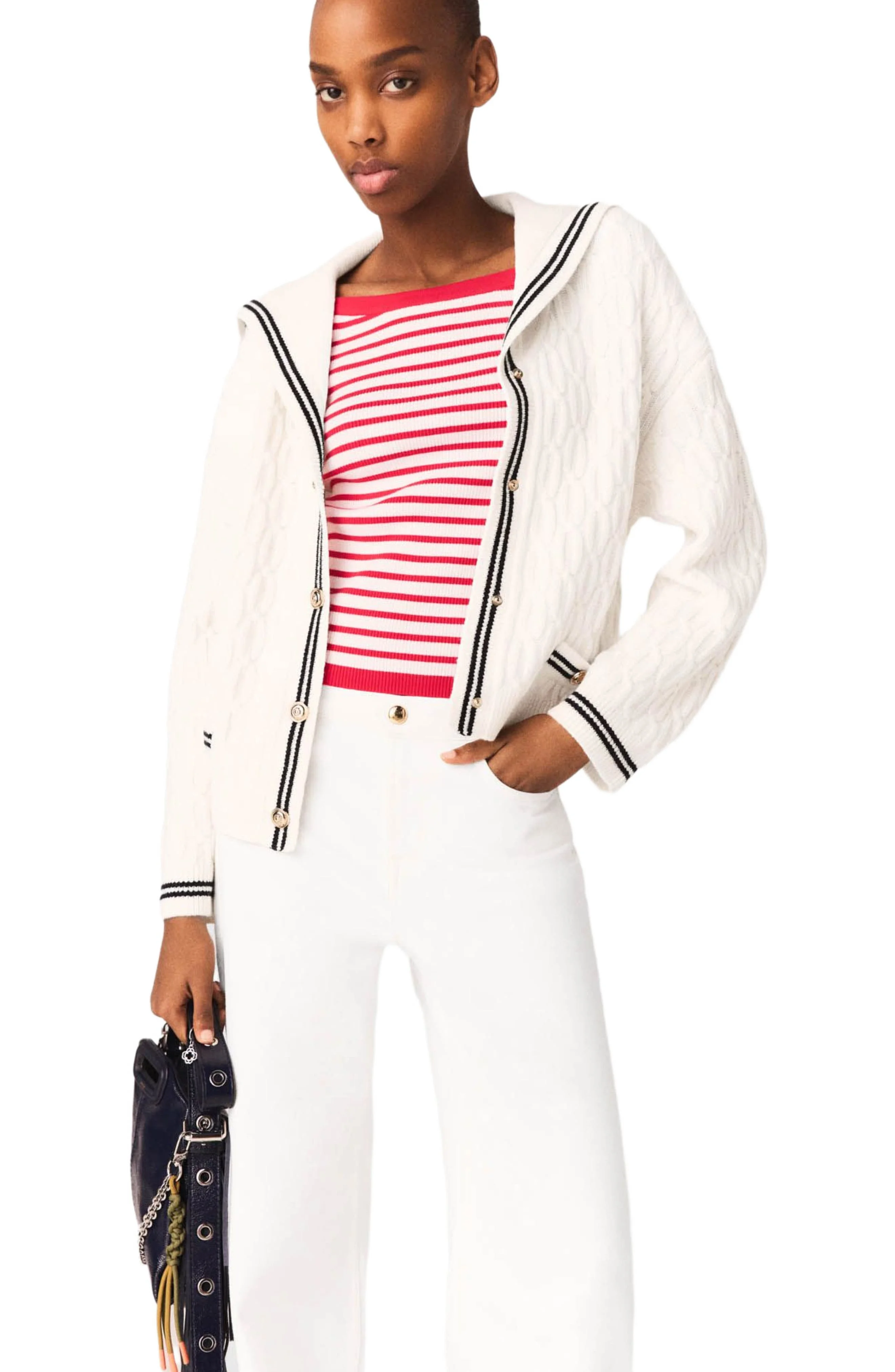 maje Cable-knit boat neck cardigan in Ecru at Nordstrom - 1