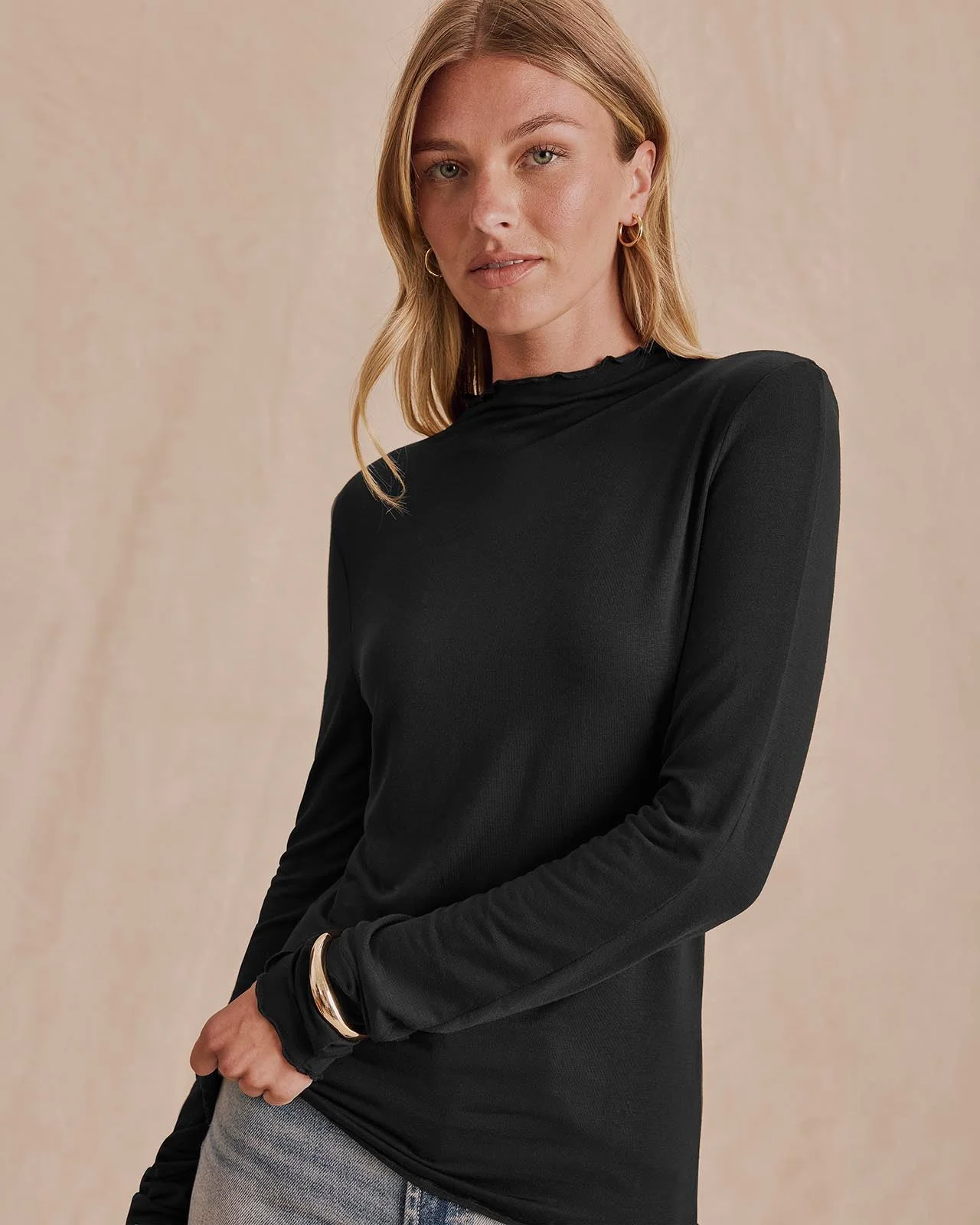 Bamboo Blend Long Sleeve Mockneck Tee - 1