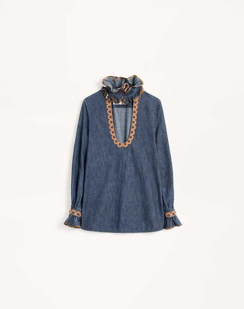 EMBROIDERED CHAMBRAY DENIM TOP - 1