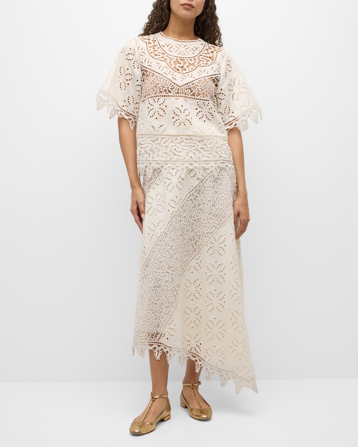 Solara Cutwork Linen Midi Skirt - 1