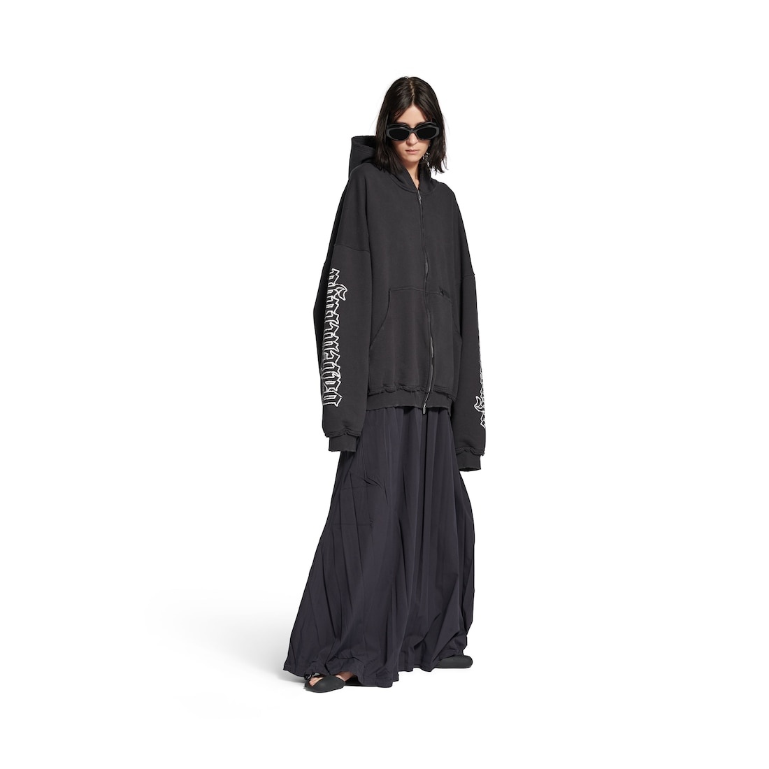 Blackletter Script Pulled Zip-up Hoodie Large Fit in Black Faded - 2