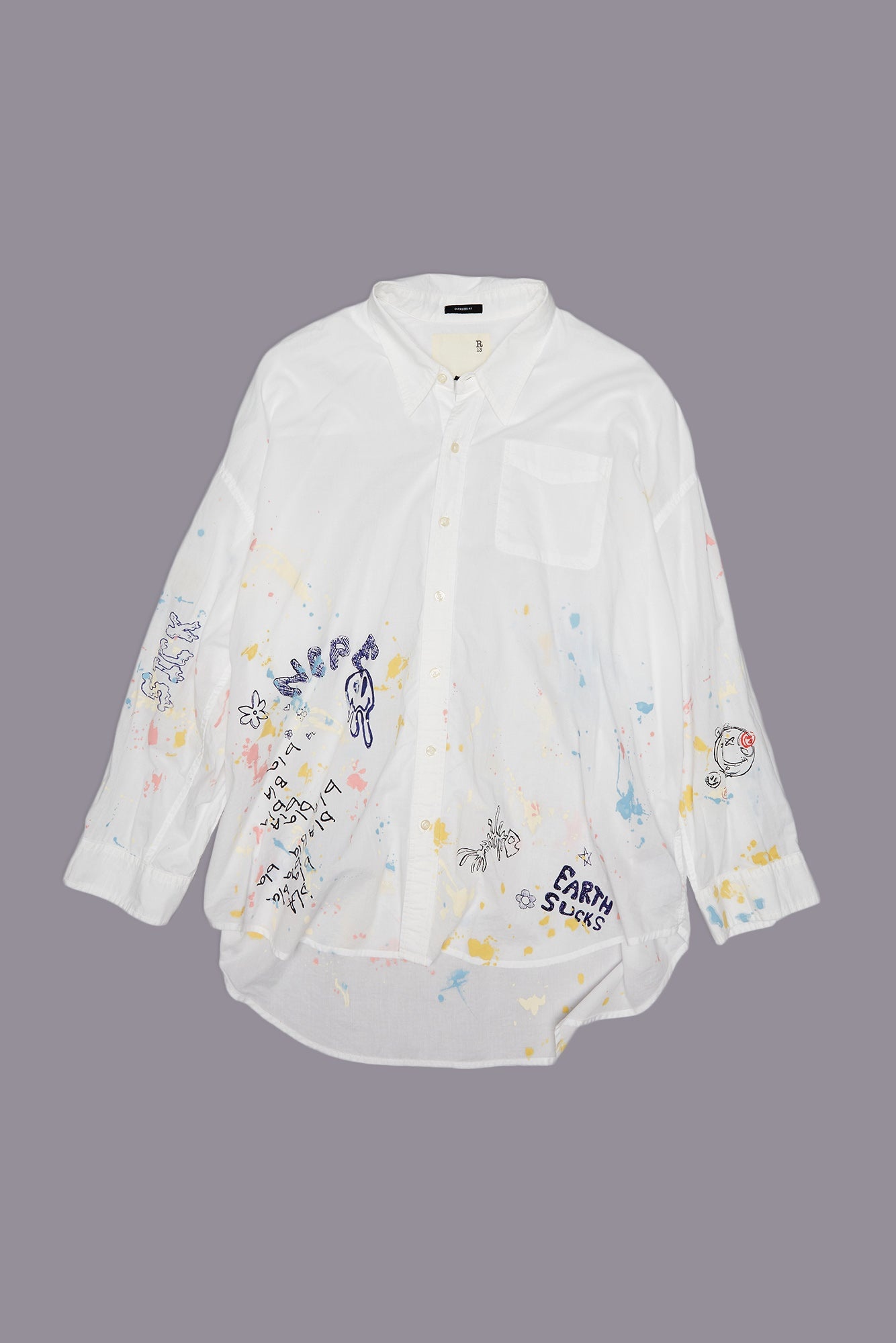 DROP NECK SHIRT - WHITE W/ PAINT SPLATTER AND SCRIBBLES - R13 - 1