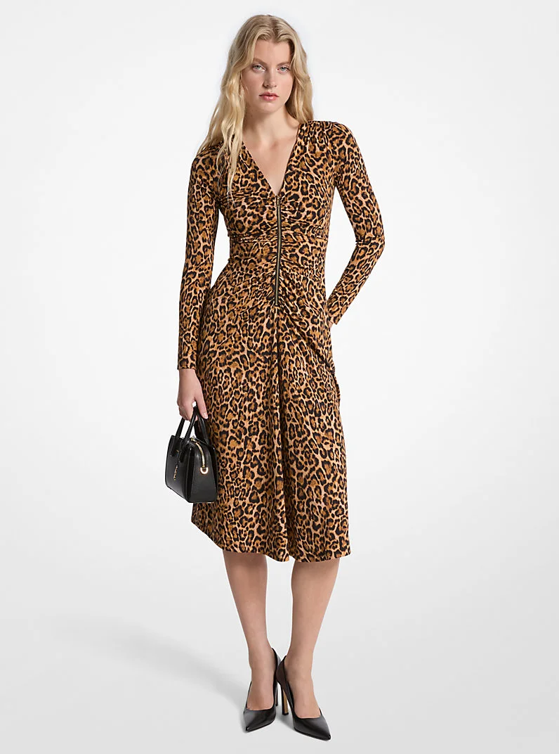 Leopard Print Matte Jersey Ruched Dress - 1