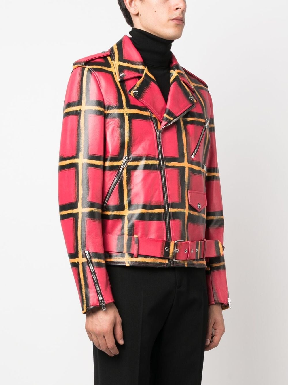 check-pattern leather jacket - 3