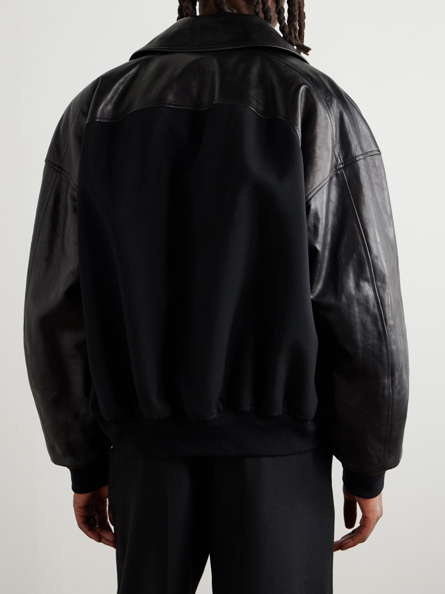 Oversized Leather-Trimmed Wool Varsity Jacket Black - 3