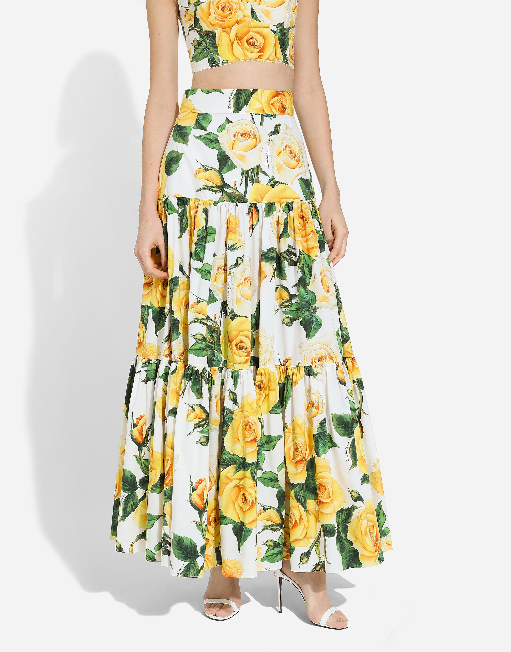 Long ruffled skirt in yellow rose-print cotton - 4