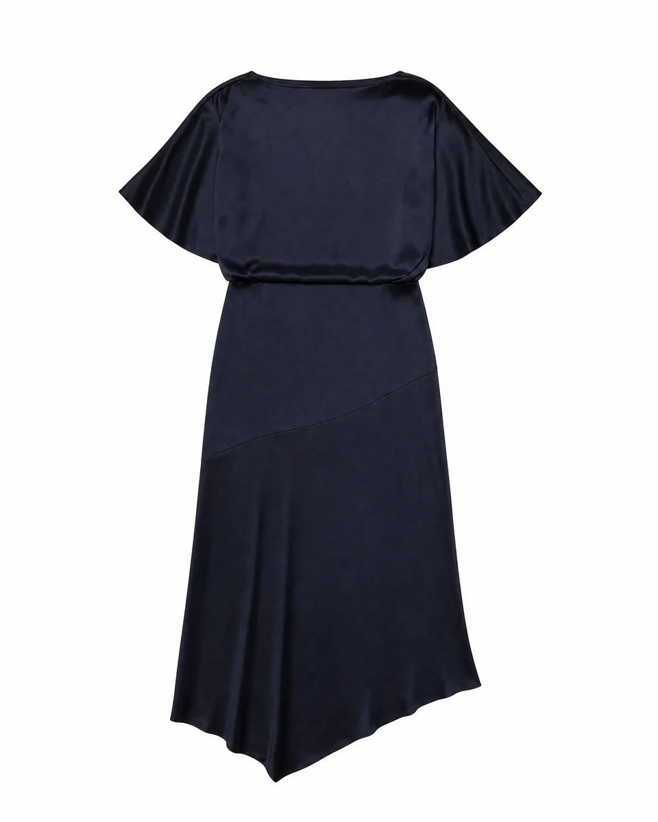 LONG SATIN DRESS WITH A NAVY GOLD CHAIN - 1