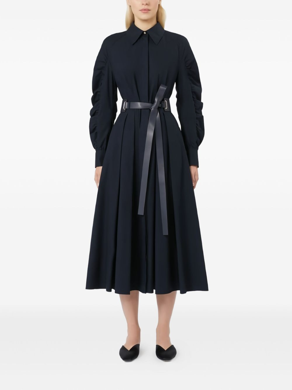 puff-sleeve belted shirt midi dress - 2