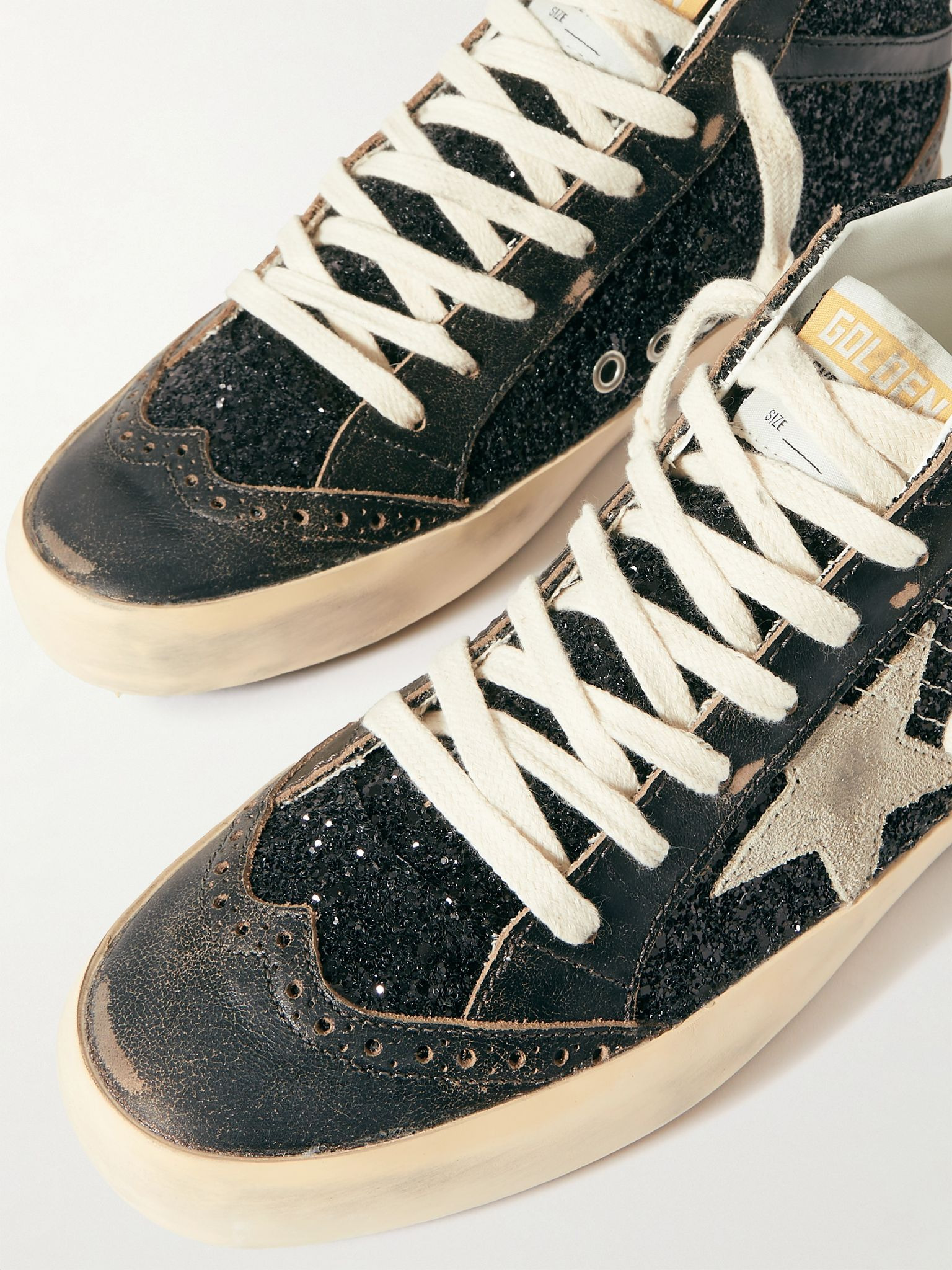 Mid Star suede and leather-trimmed distressed glittered faux leather sneakers Black - 4