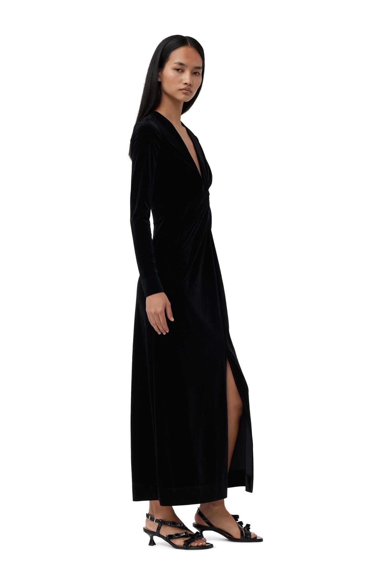 BLACK VELVET JERSEY TWIST LONG DRESS - 4