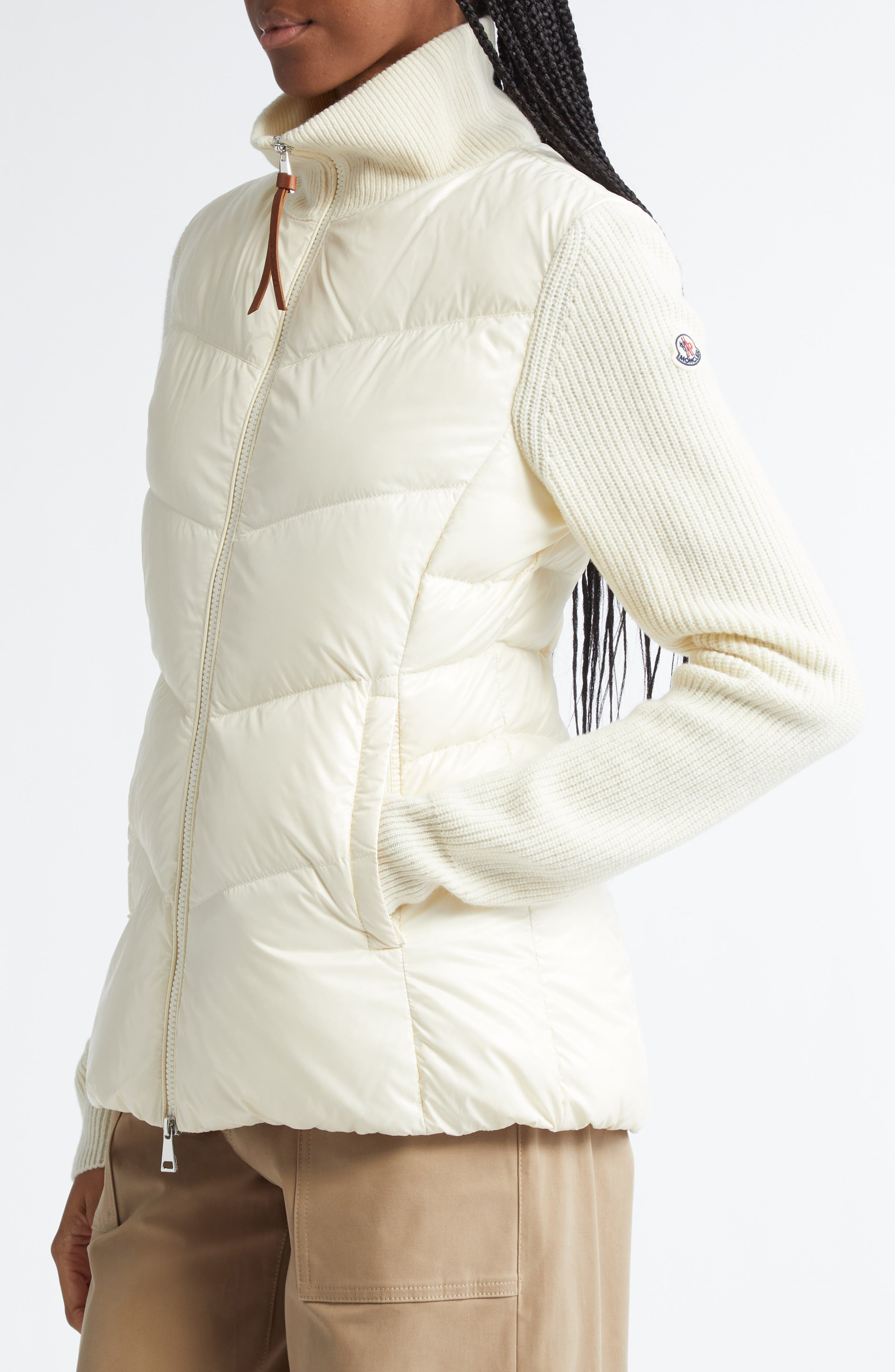 Moncler Quilted Down & Knit Cardigan in White at Nordstrom - 4