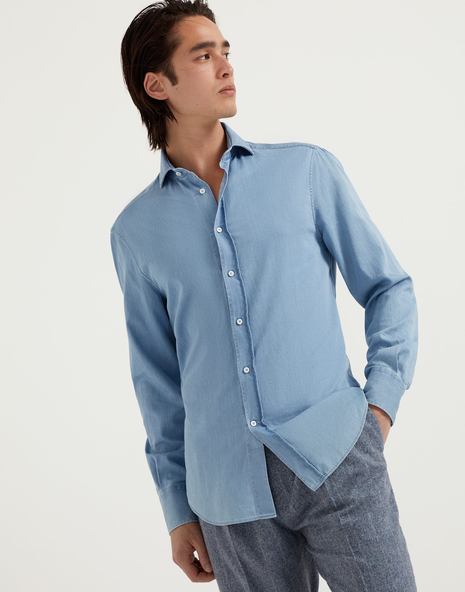 Lightweight denim slim fit shirt with spread collar - 1