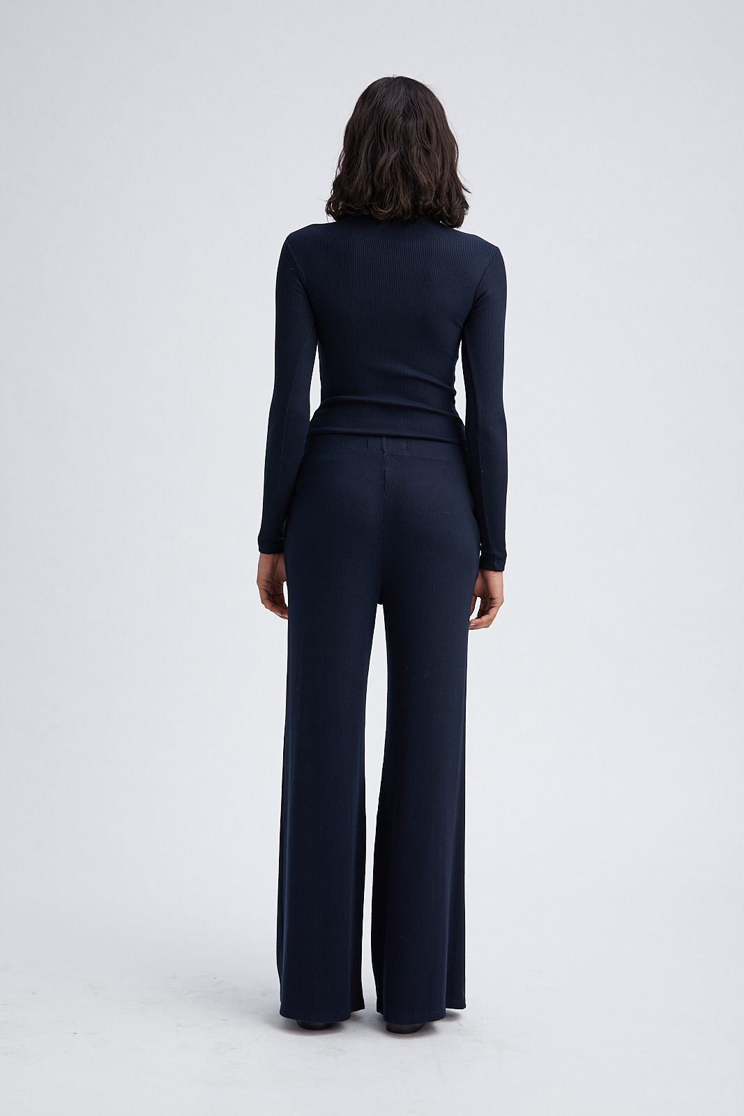 NAVY RIB WIDE LEG PANTS - 4