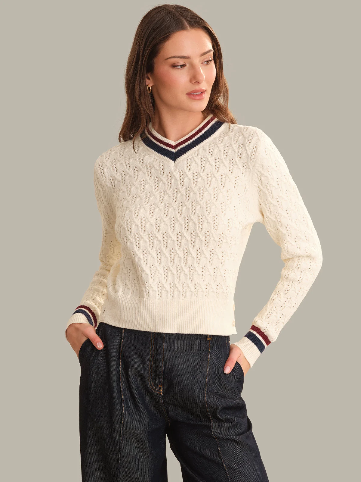Max Button Hem Cable V-Neck - 1