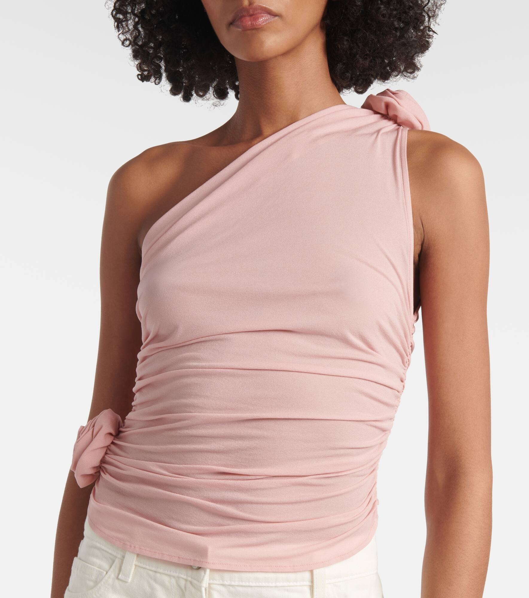 Floral-appliqué one-shoulder silk-blend top - 4