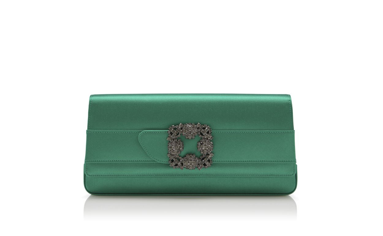 Bright Green Satin Jewel Buckle Clutch - 1
