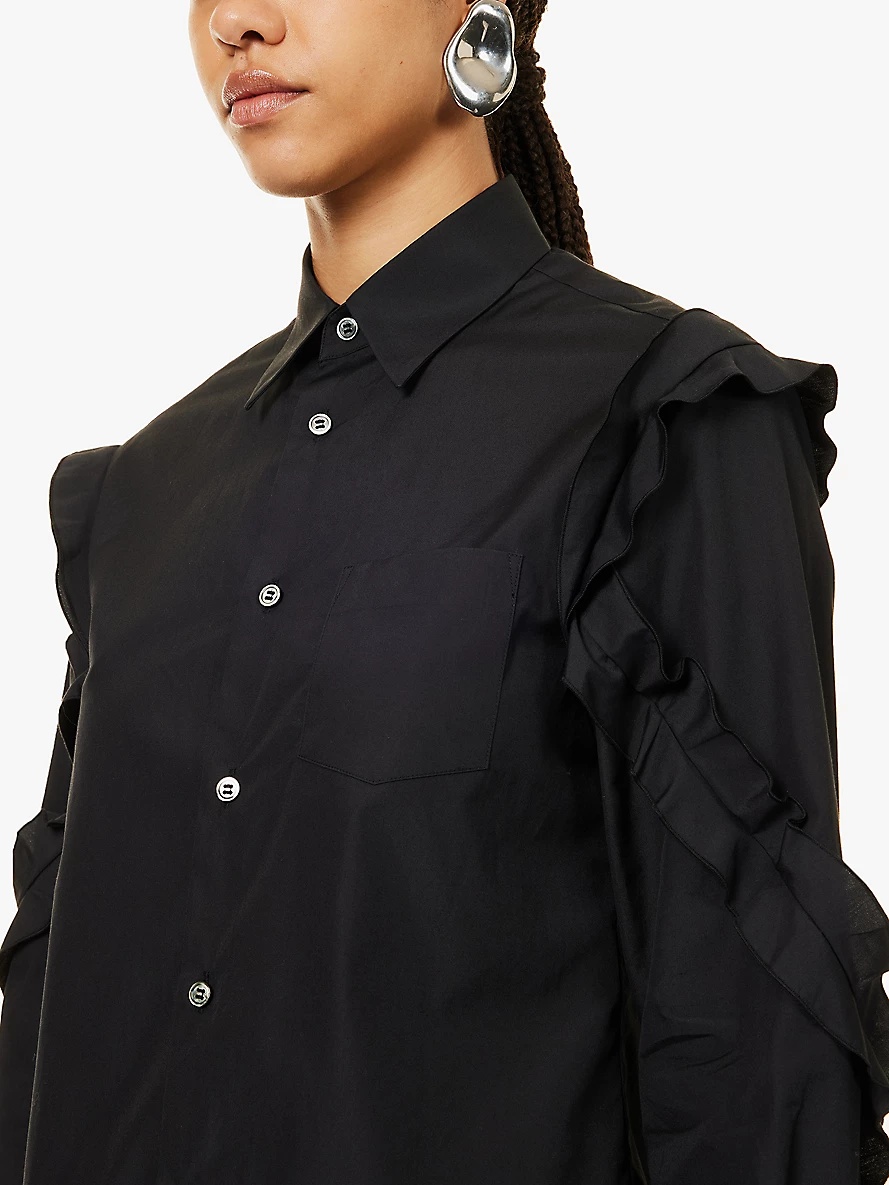 Frilled-trim long-sleeve cotton-poplin shirt - 5