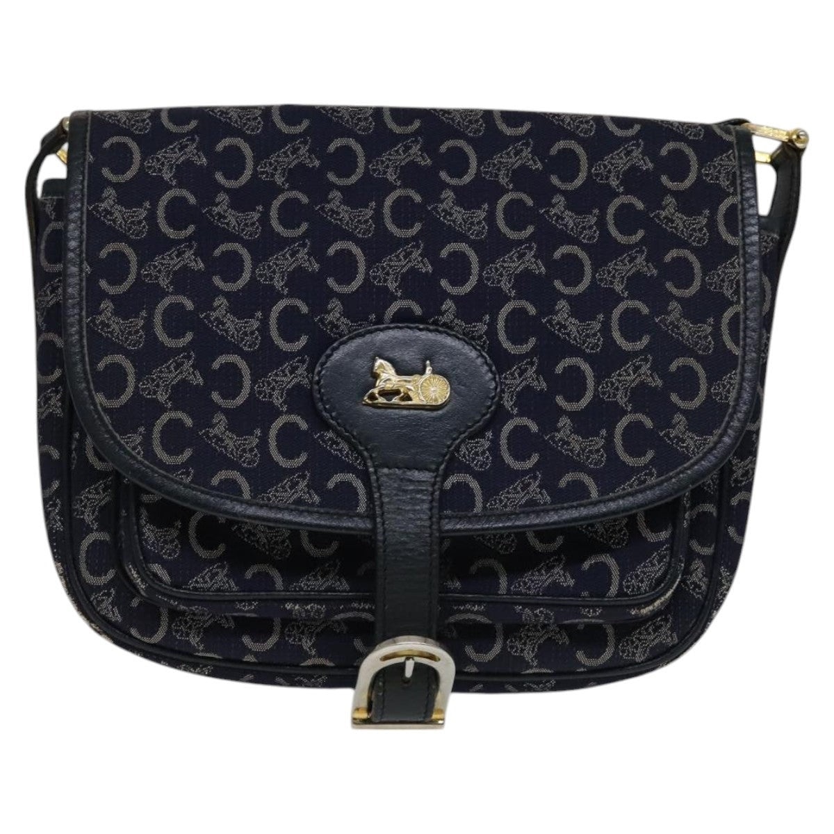 CELINE C Sulky Shoulder Bag Canvas Navy Gold - 13