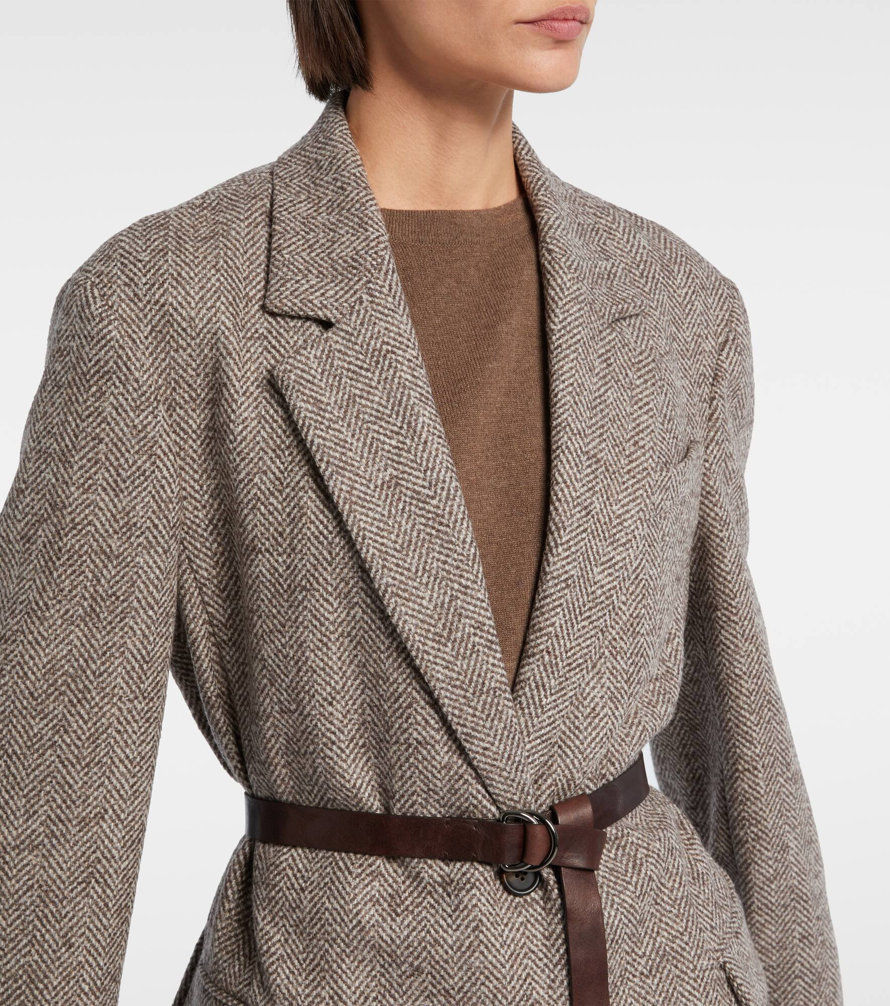 Belted herringbone wool-blend blazer - 4