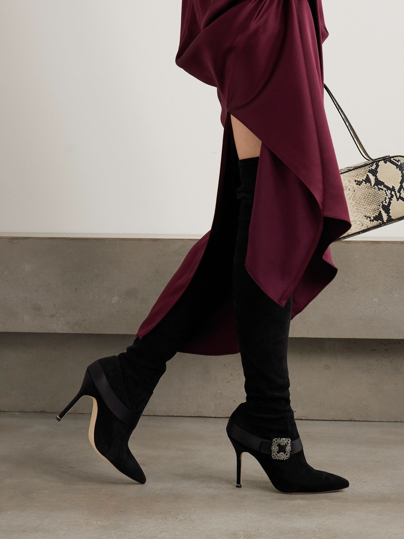Manolo Blahnik Plinianuthi 105 buckled satin-trimmed suede over-the-knee boots Black outlook