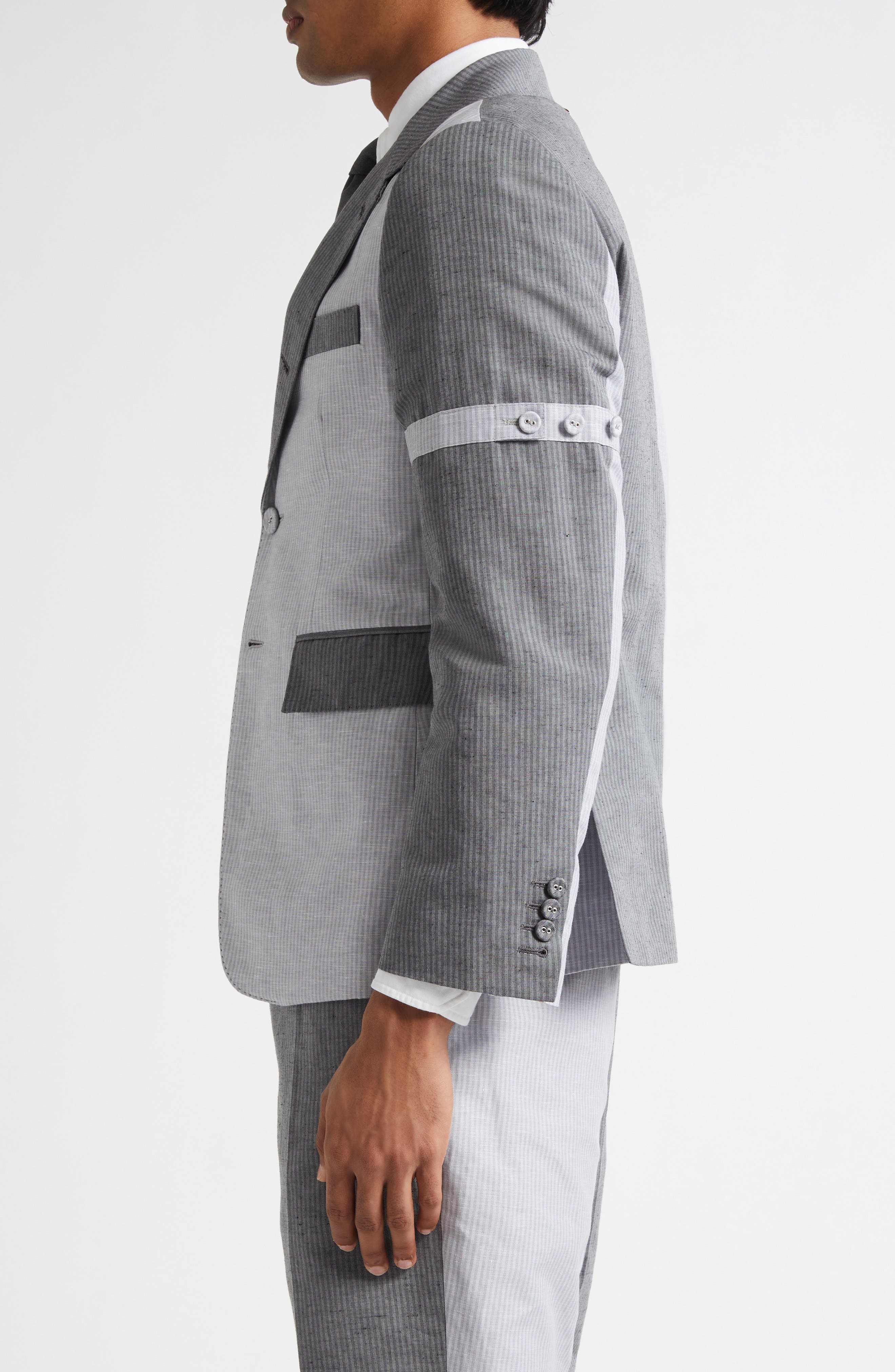 Thom Browne Fit 1 Stripe Patchwork Linen & Cotton Sport Coat with Armbands in Light Grey at Nordstro - 3