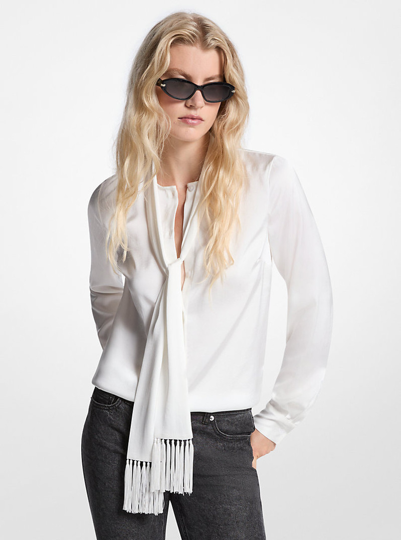 Satin Fringed Tie-Neck Blouse 1