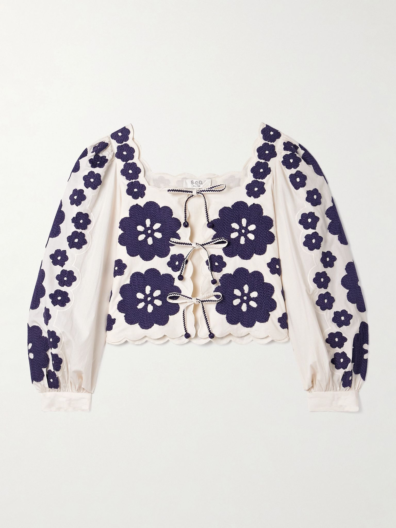 Catrine tie-front scalloped appliquéd cotton-voile blouse Ivory - 1