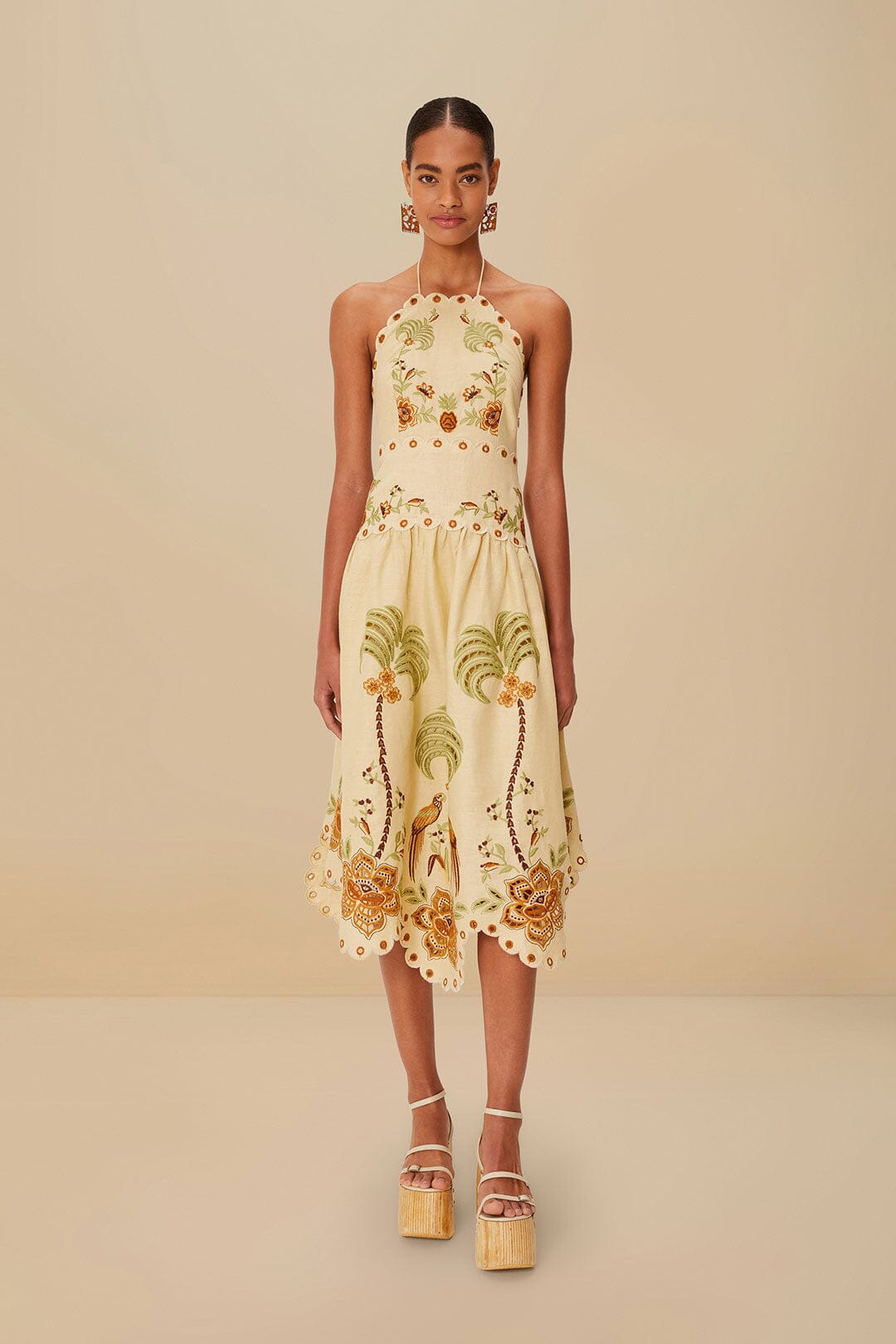 Sand Delicate Forest Richelieu Embroidered Euroflax™ Premium Linen Midi Dress - 2