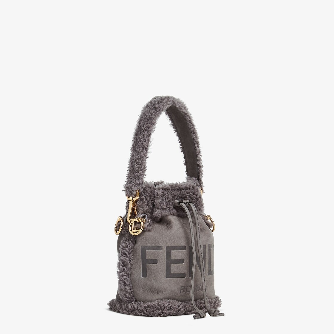 Small Mon Tresor bucket bag made of anthracite gray nubuck, embellished with tone on tone sheepskin  - 2