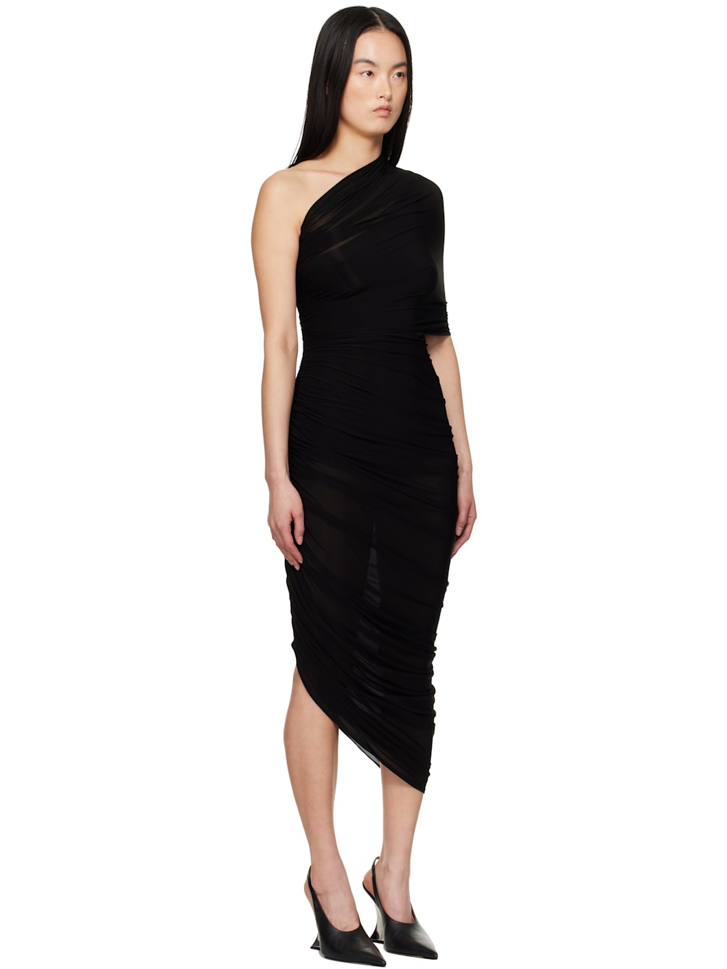 Black One Shoulder Draped Midi Dress - 2