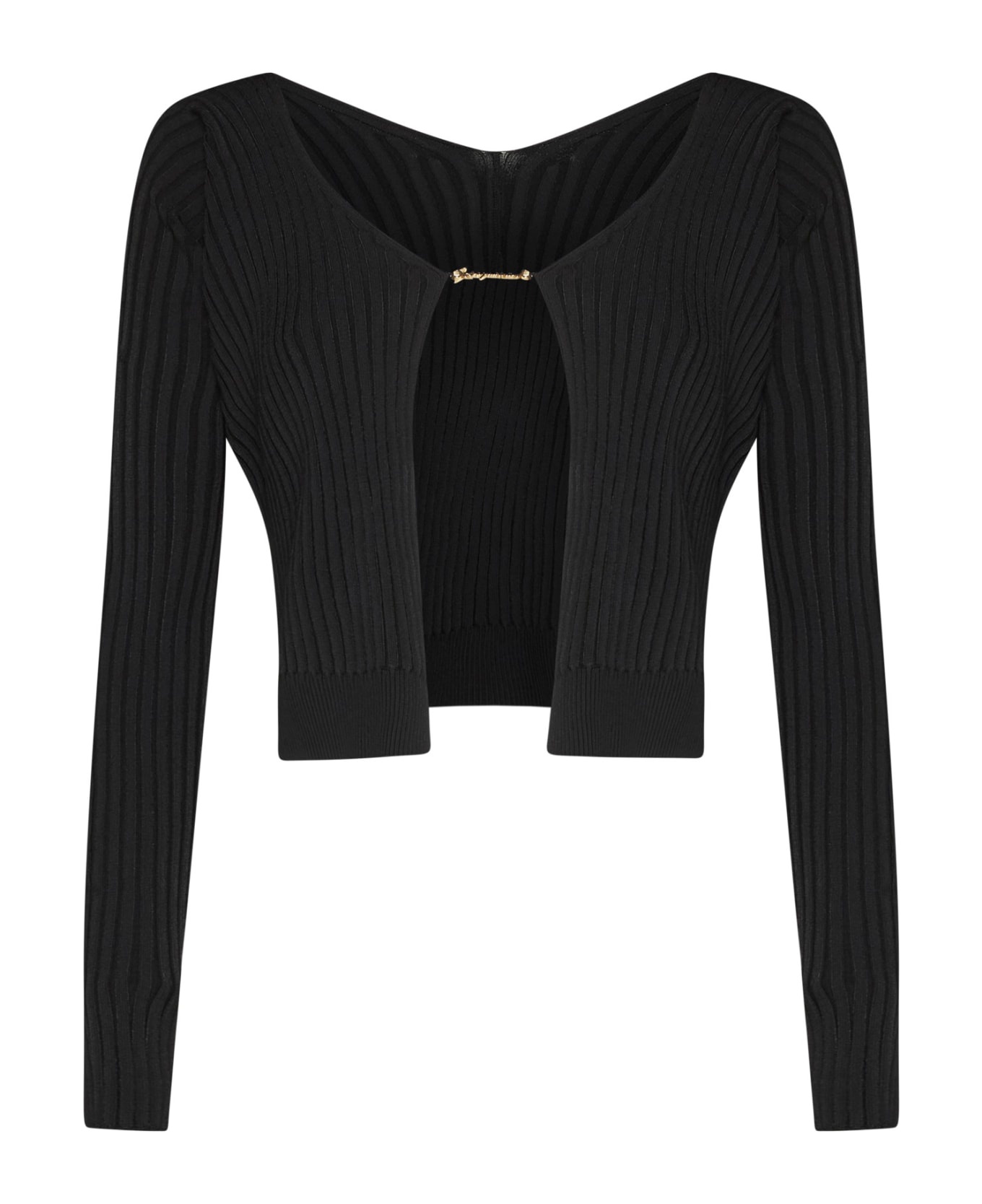 'la Maille Pralu Longue' Black Ribbed Cardigan With Logo Charm Woman - 1