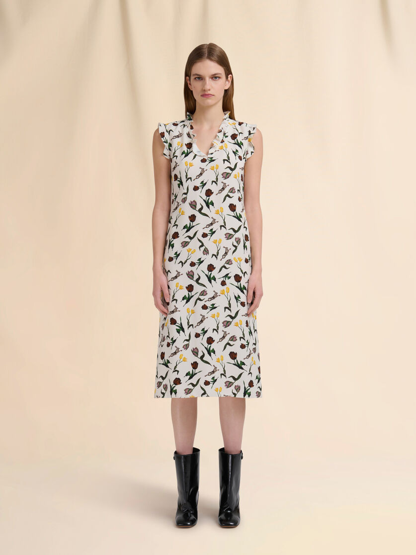 CREAM ENVERS SATIN DRESS WITH TULIPS AND HARES PRINT - 2