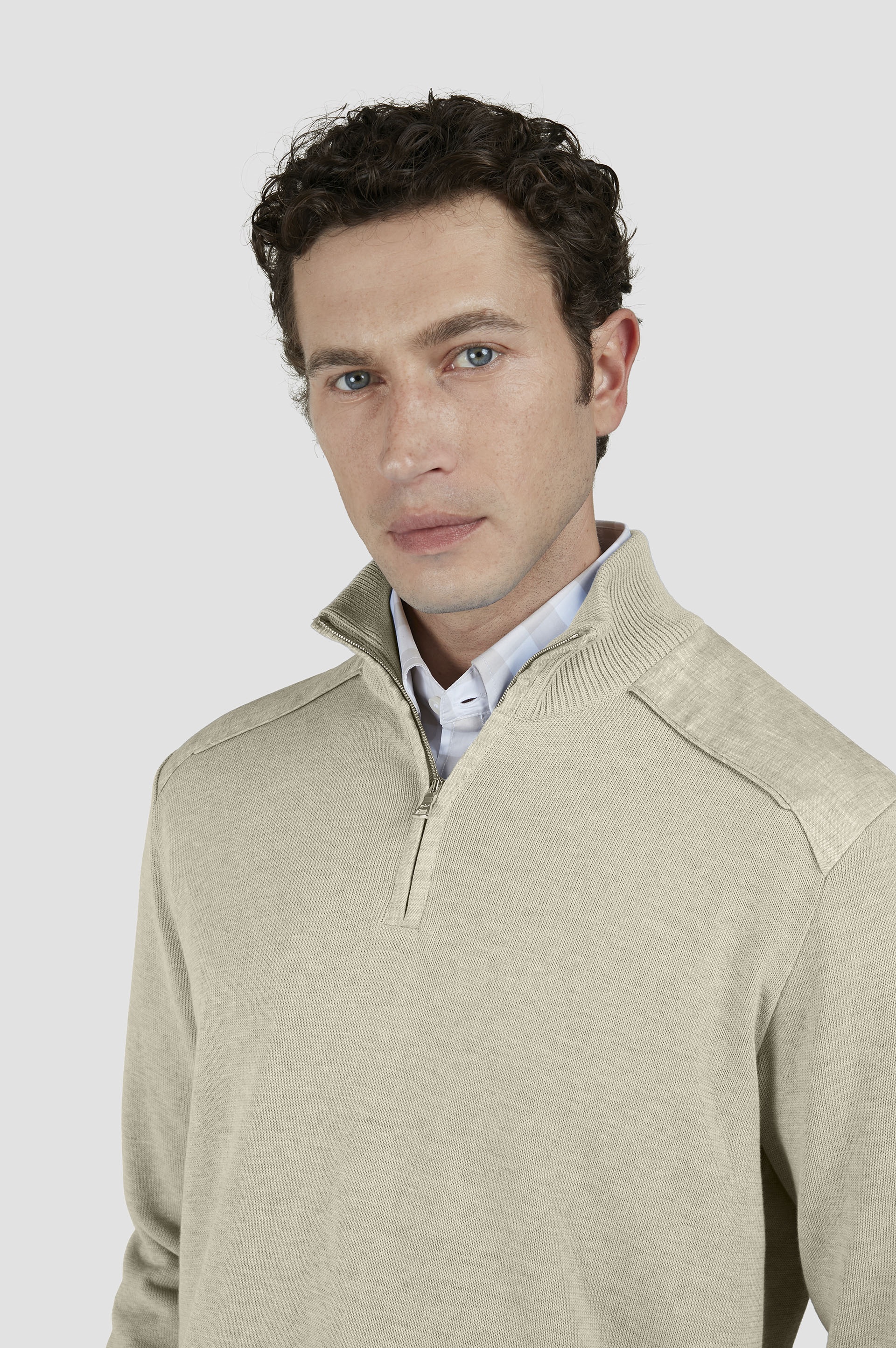 SWEATER IN FRESH COTTON WITH CONTRASTING LINEN DETAILS - 4