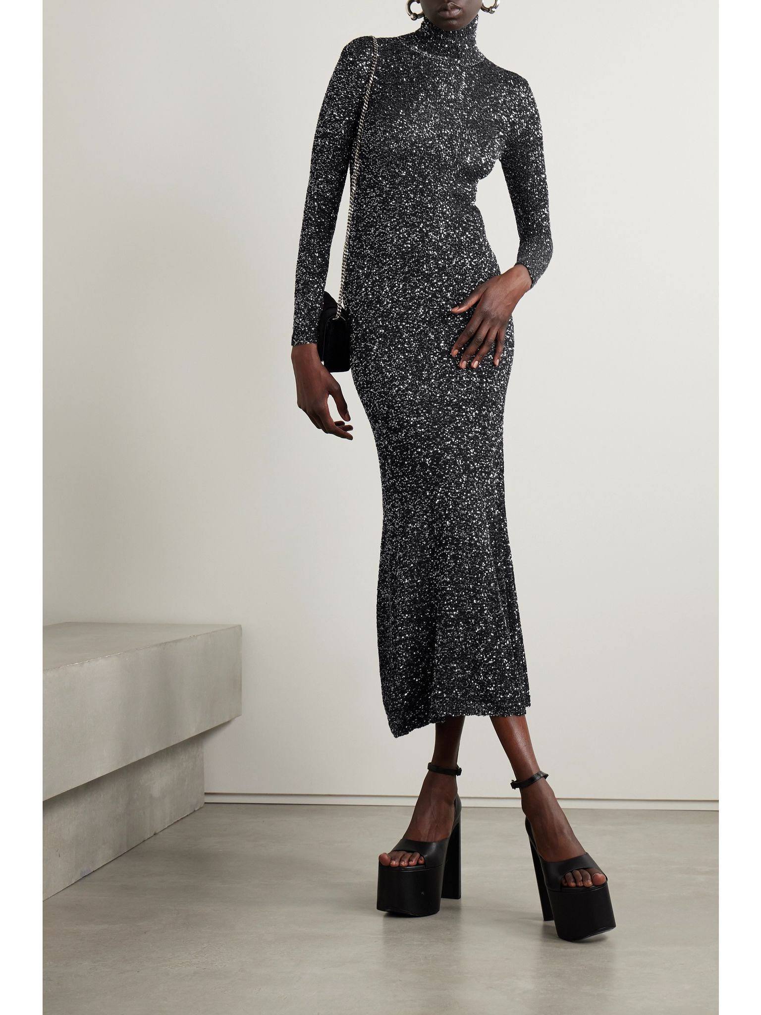 Sequined stretch-knit turtleneck maxi dress Black - 2